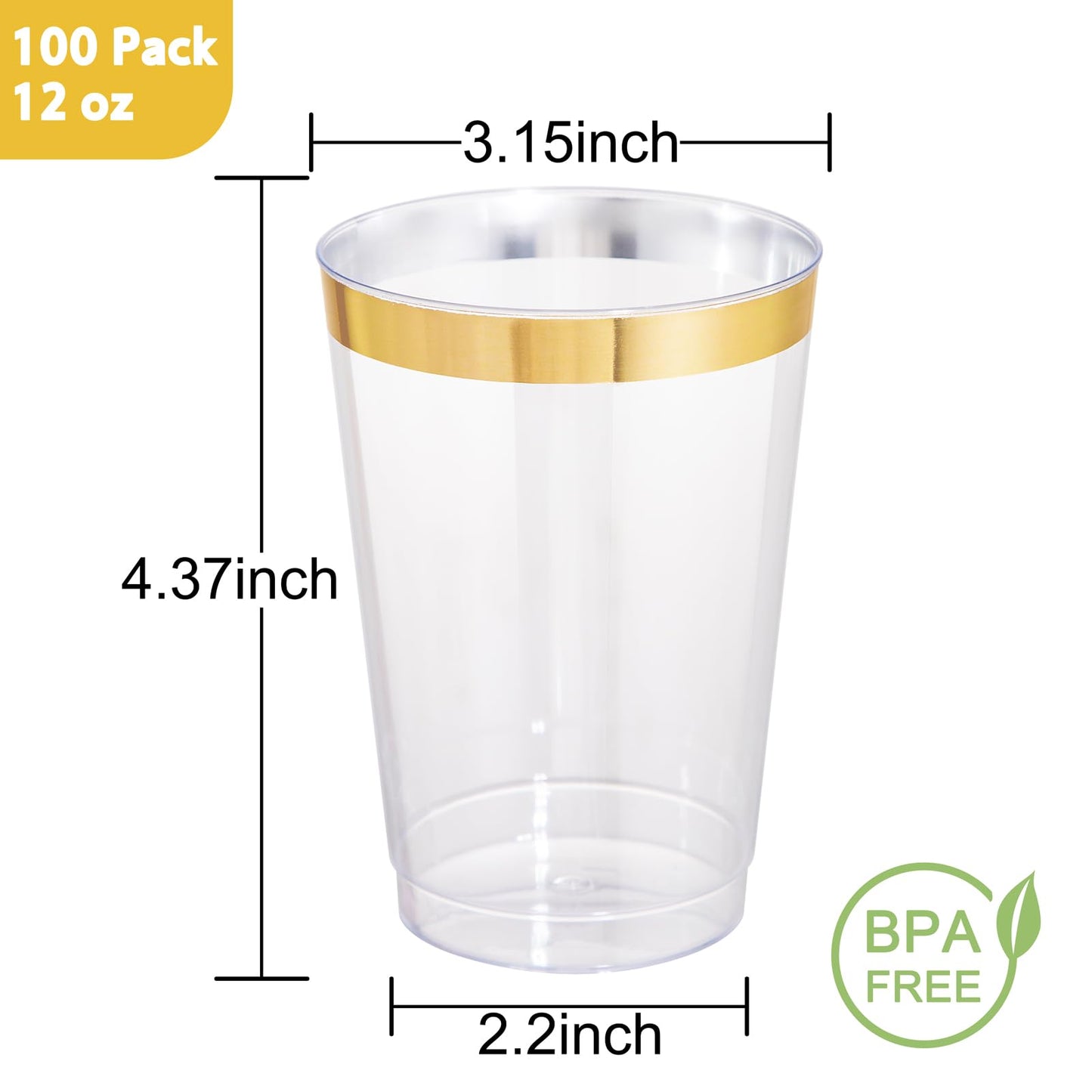 I00000 100 Pack 12 oz Gold Plastic Cups, Gold Rimmed Disposable Cups, Disposable Wine Glasses Cocktail Glasses Premium Cup with Golden Rim, 12 Ounce Plastic Tumblers for Party & Wedding