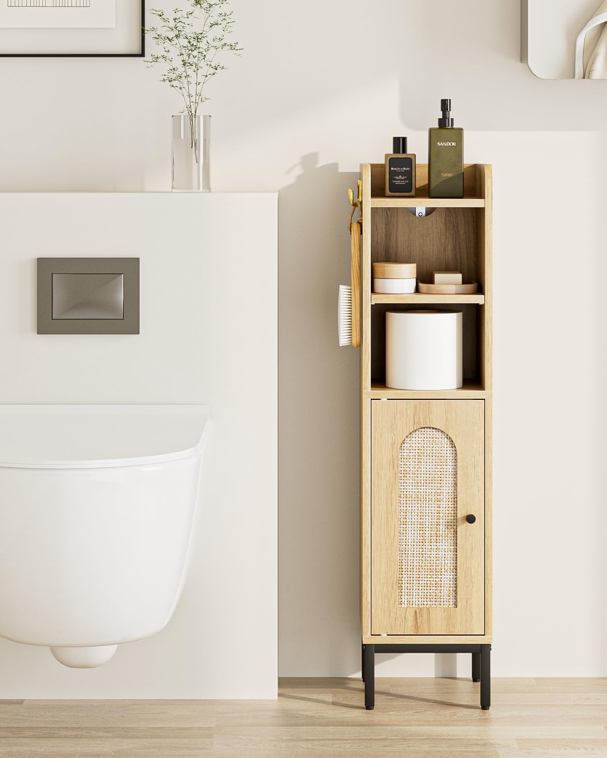 AEPOALUA Bathroom Storage Cabinet, Small Corner Floor Hutch with 2Hooks,Narrow Toilet Paper Cabinet with Rattan Door,Bathroom Organizer with Adjustable Shelf, for Small Spaces,Oak