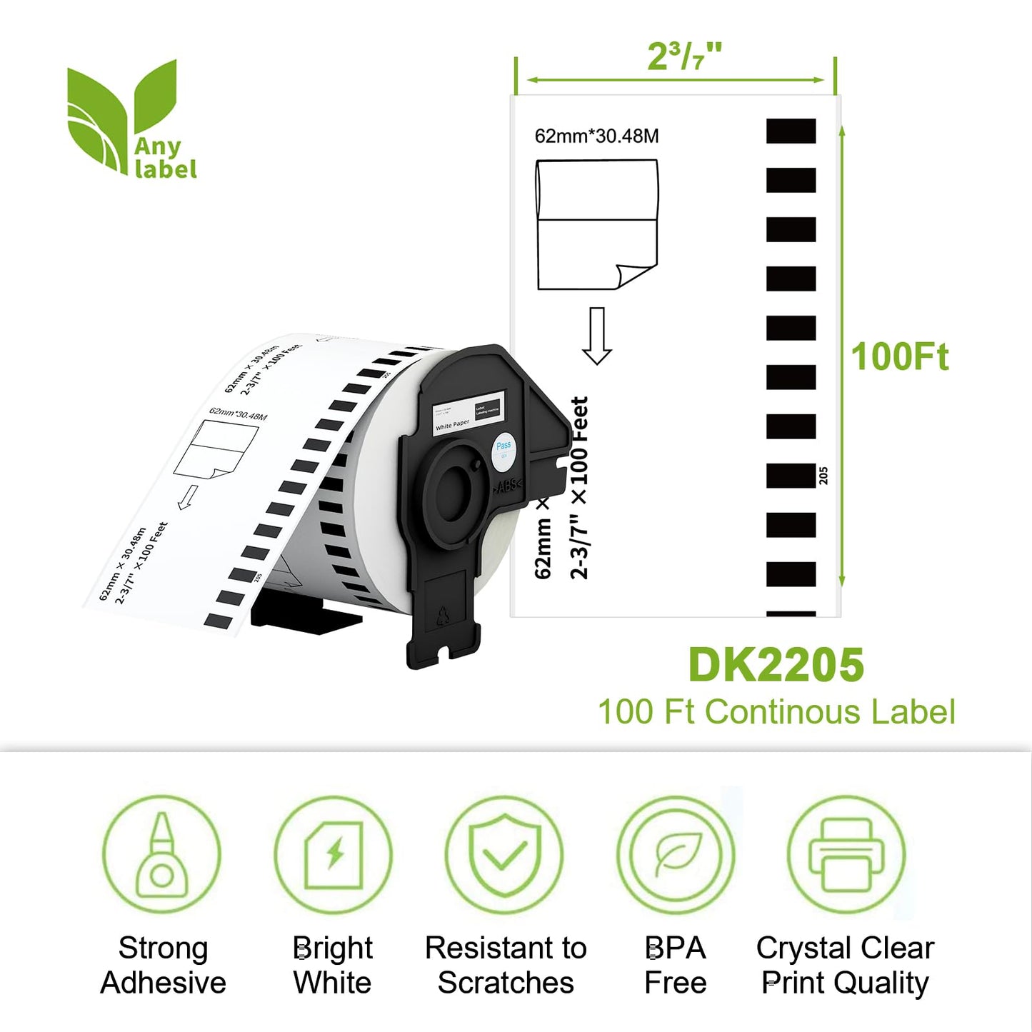 Anylabel - Compatible Continuous Labels Replacement for DK-2205 (2.4 in x 100 ft), Use with Brother QL Label Printers (12 Rolls + 1 Frame, 30.48m Length Labels/Roll)