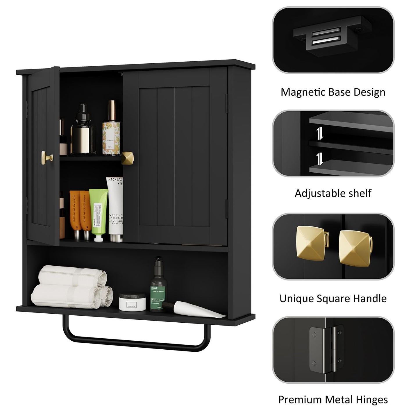 RRX Bathroom Cabinet Wall Mounted Medicine Cabinets with Towels Bar, Over The Toilet Storage Cabinet with 2 Doors and Adjustable Shelf, White Wall Cabinet for Bathroom Laundry Kitchen (Black)