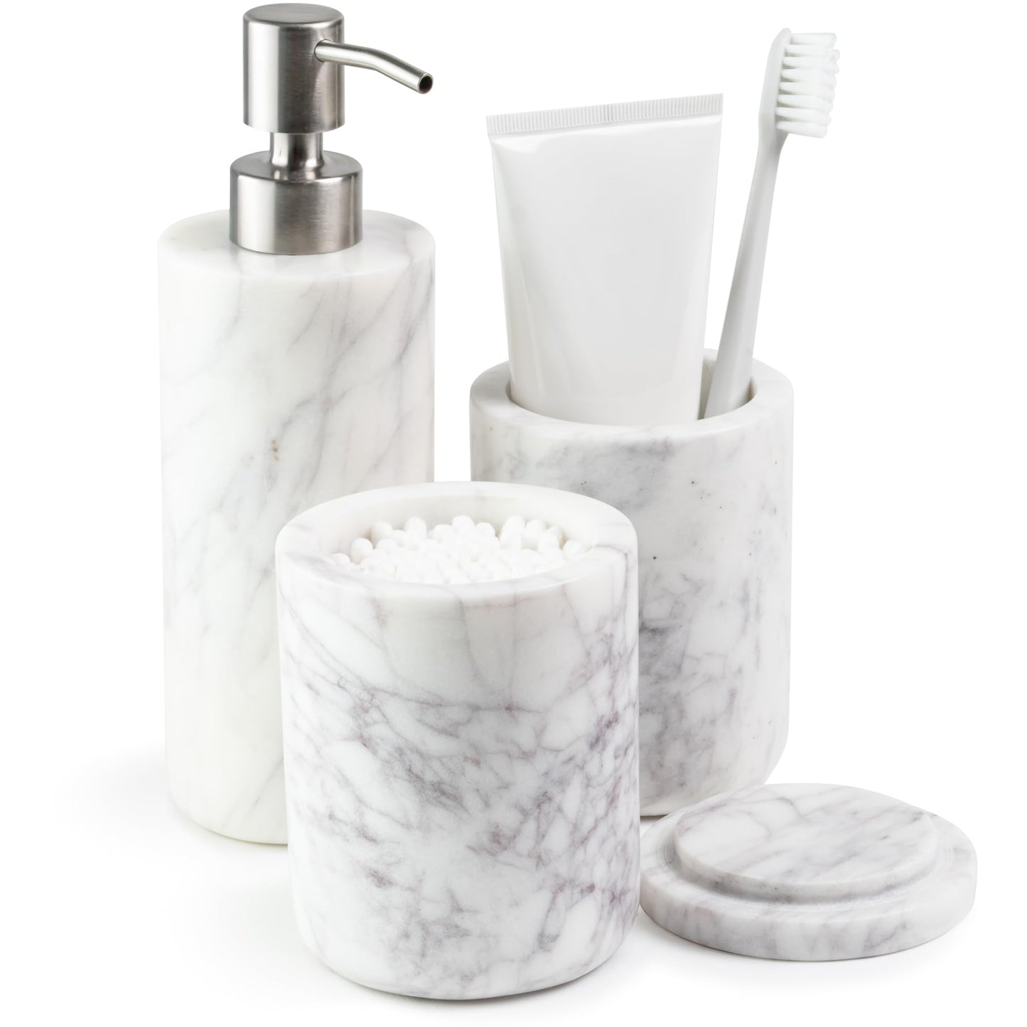 Cork & Mill Marble Bathroom Accessories Set, Solid Natural Marble, Complete Vanity Set with Soap Dispenser, Toothbrush Holder & Canister with Lid for Qtips, White Bathroom Countertop Decor