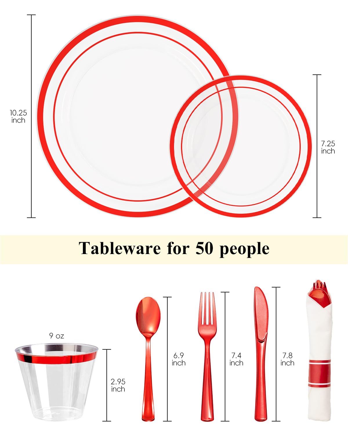 Goodluck 350 Pcs Red Plastic Plates, Clear Plastic Silverware Disposable Plates Set, Include 100 Plates, 50 Pack Pre Rolled Napkins with Silverware, 50 Cups for Party, Christmas, Graduation, Wedding