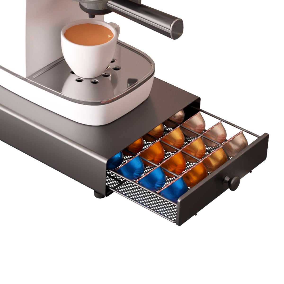 Pod Holder Drawer Compact Design with DeluxeTempered Glass Top, Compatible for Nespresso Pods, Holds up to 40 Pods