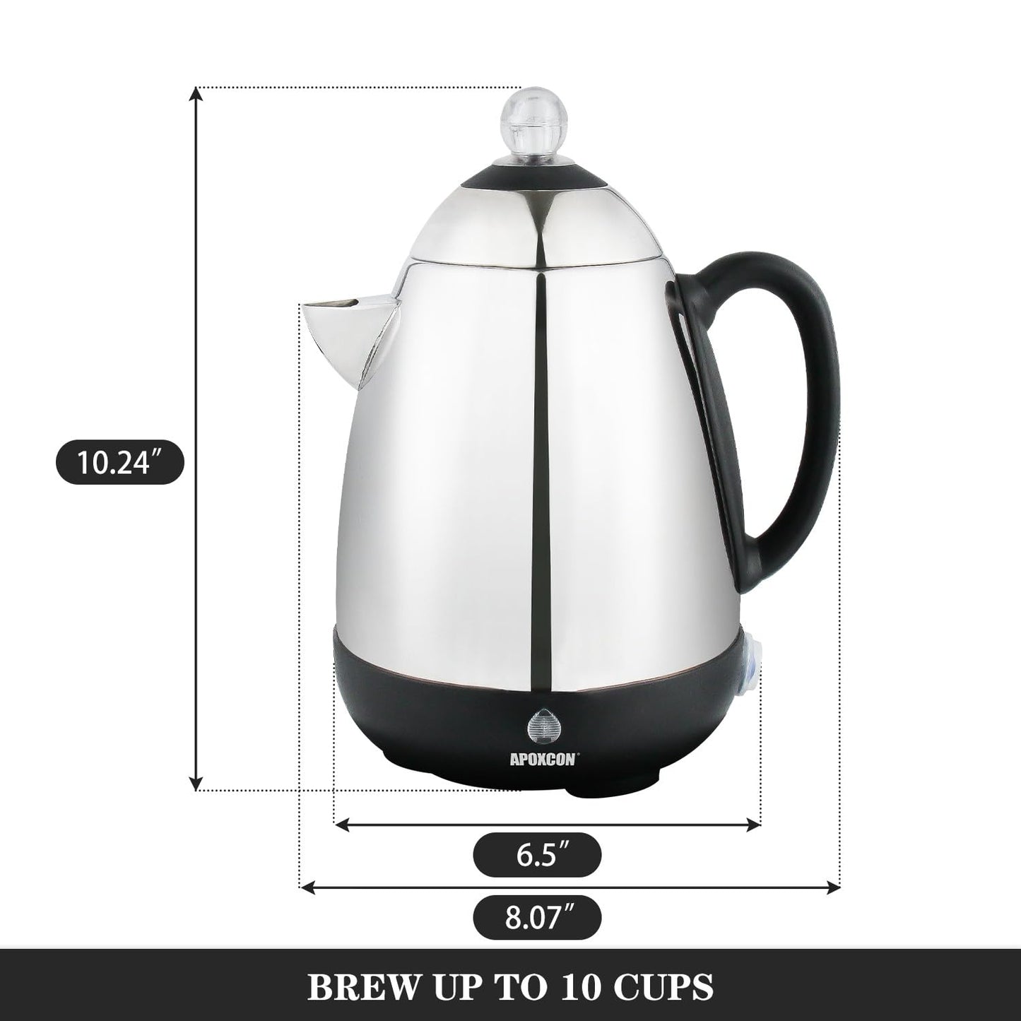 APOXCON Electric Coffee Percolator, Stainless Steel, with Clear Brew Progress Knob, No-Drip Spout, Auto Keep Warm, Cordless Serving, 10 Cup, Silver
