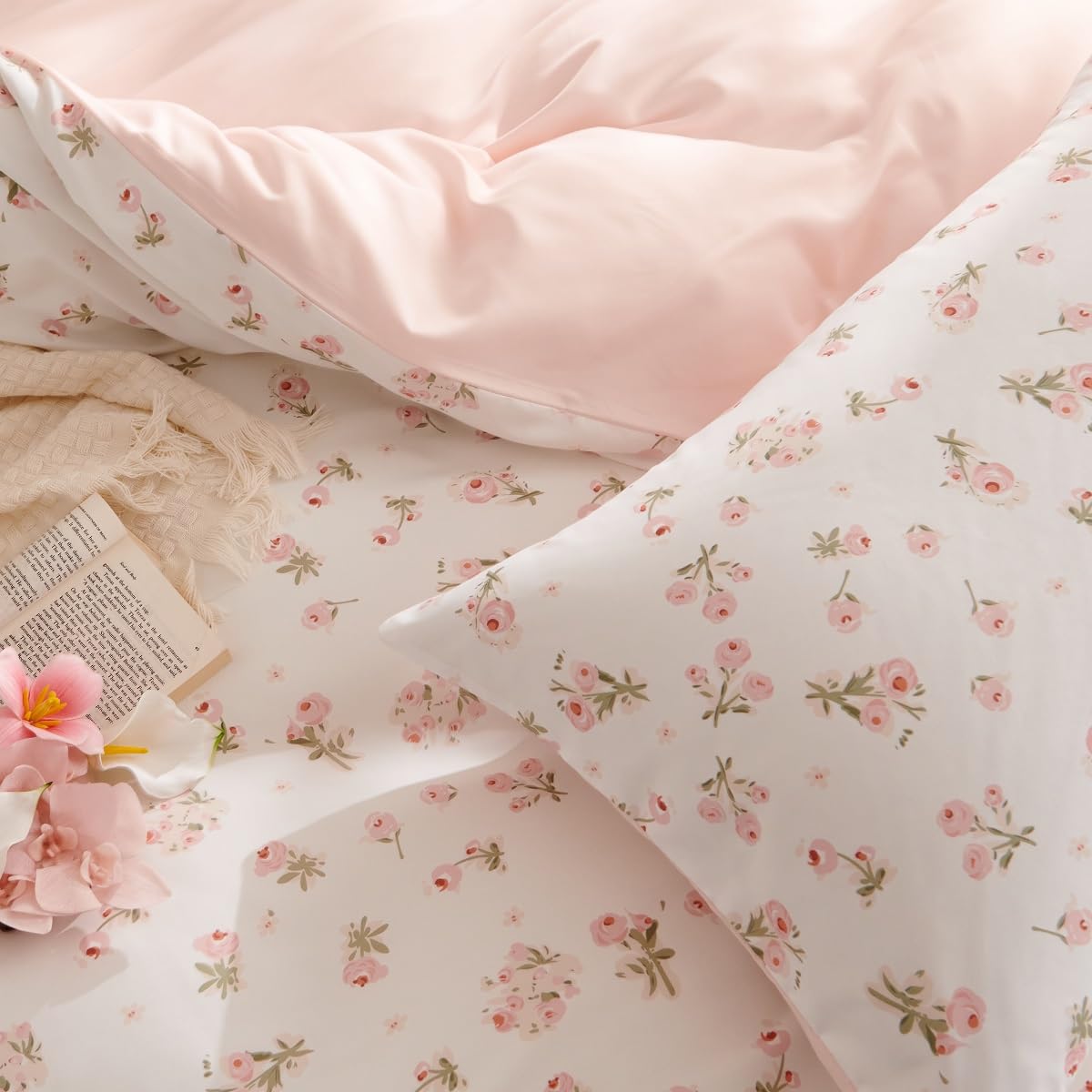 Erwinmu Floral Comforter Set Queen Size - 3 Pieces Pink White Floral Comforter Bedding Sets Reversible Pattern,Queen Bed in a Bag with Flowers Comforter and 2 Pillowcases