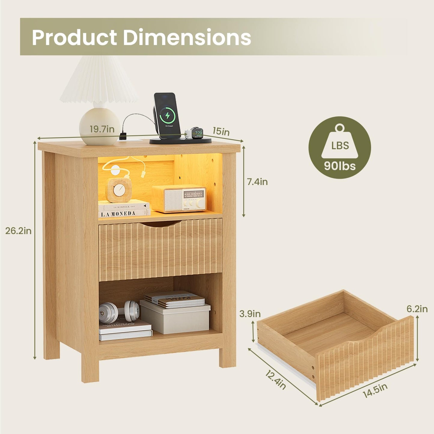 LAKEMID Fluted Nightstand with Charging Station,20 Inch Wide Bedside Tables with Led Lights,Modern Wood Night Stand with Drawers,Wooden Bed Side Table for Bedroom,Living Room,Natural Oak
