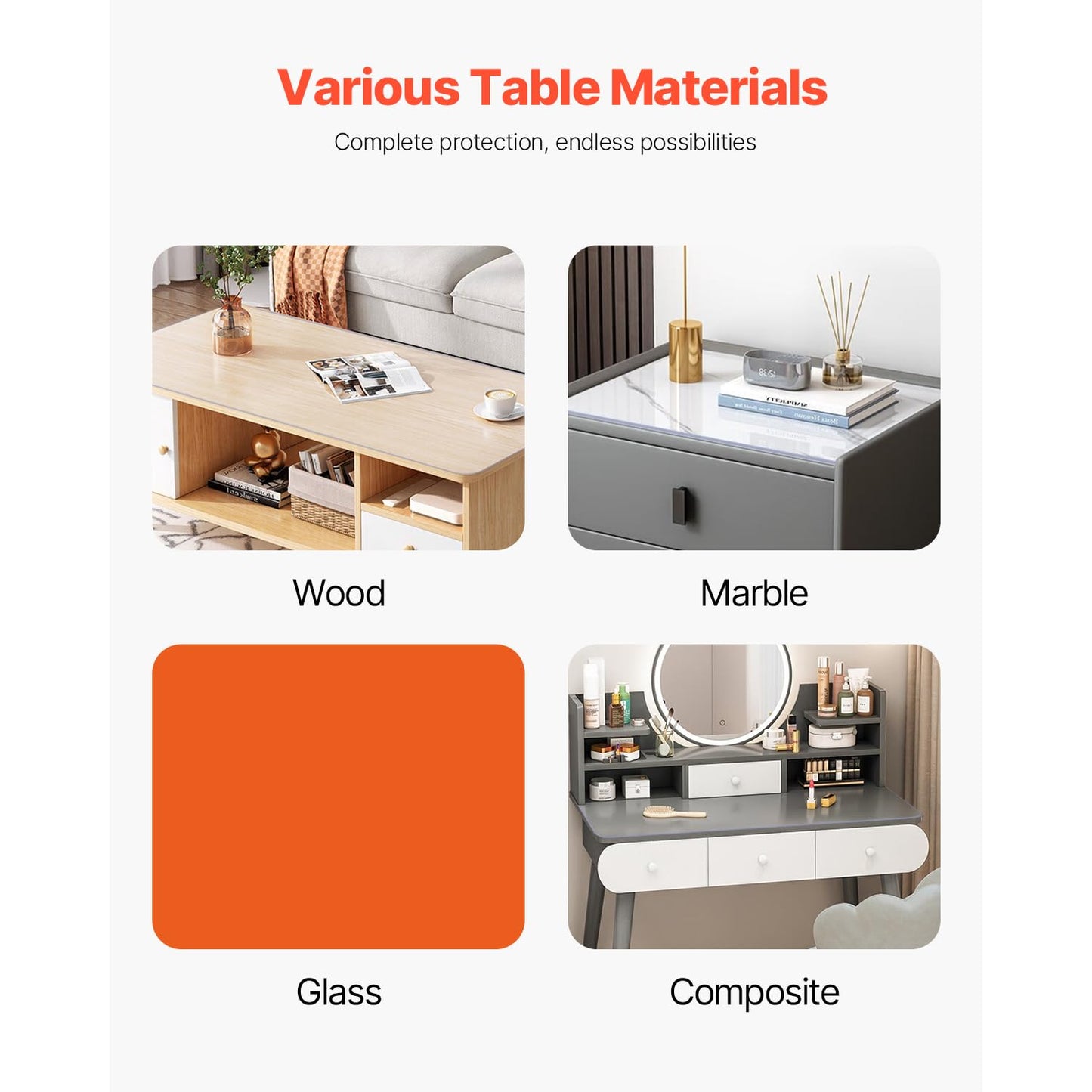 VEVOR Clear Table Cover Protector, 1.5mm Thick 36 x 72 in PVC Plastic Tablecloth, Waterproof & Oil Spill Proof, Customizable Rectangle Table Cover for Writing Desk, Coffee Table, Dining Room Table