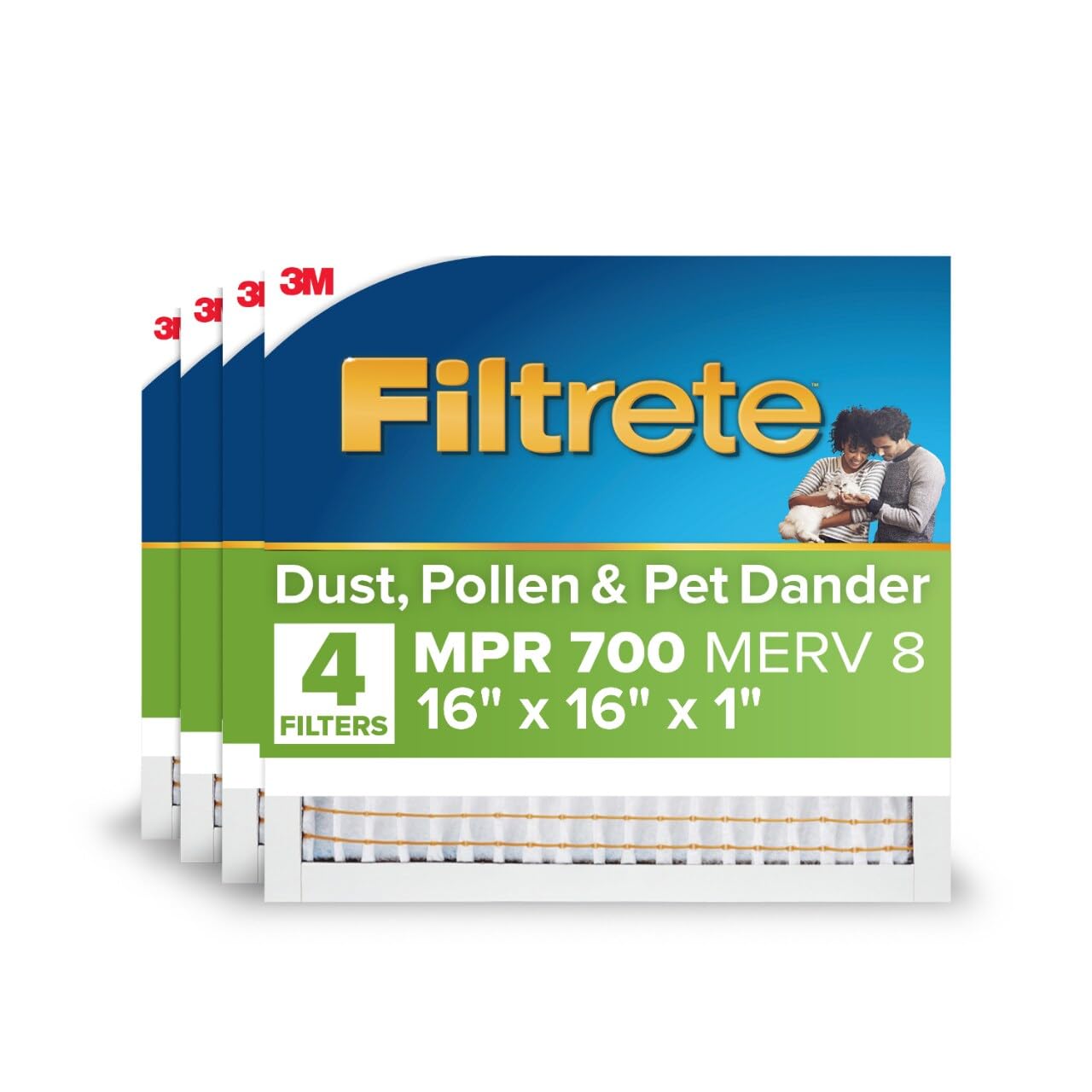 Filtrete 16x16x1 AC Furnace Air Filter, MPR 700, MERV 8, Tough on Pollen, Easy on Airflow, 3-Month Pleated 1-Inch Electrostatic Air Cleaning Filter, 4-Pack (Actual Size 15.81 x 15.81 x 0.81 in)