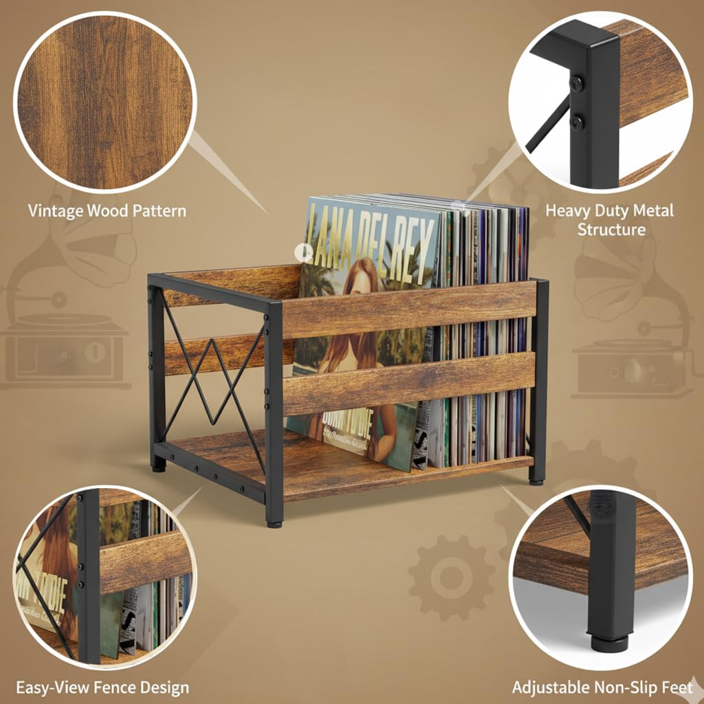 Y&M 2 Packs Vinyl Record Storage Crate, Wooden Storage Box, Classic Cube CD Albums Shelf Holder Organizer, Holds Up to 100+ Records, Magazine Rack for Desktop, Home, Office, Brown