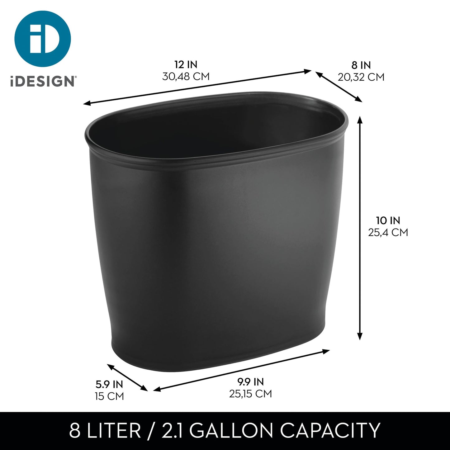 iDesign Slim Plastic Bathroom Trash Can, Small Garbage Bin for Bedroom, Office, Desk, Dorm, 2-Pack, Black