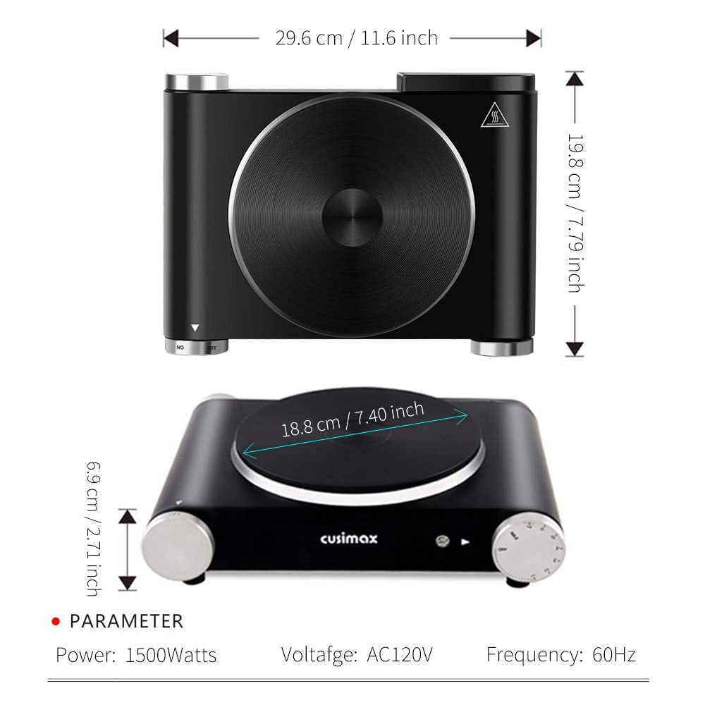 Cusimax Hot Plate Electric Burner Single Burner Cast Iron hot plates for cooking Portable Burner 1500W with Adjustable Temperature Control Stainless Steel Non-Slip Rubber Feet, Upgraded Version