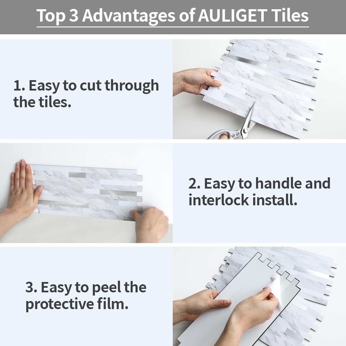 AULIGET 20 Sheets Faux Stone Peel and Stick Backsplash, White Marble Look PVC Wall Tiles Stick on Backsplash for Kitchen