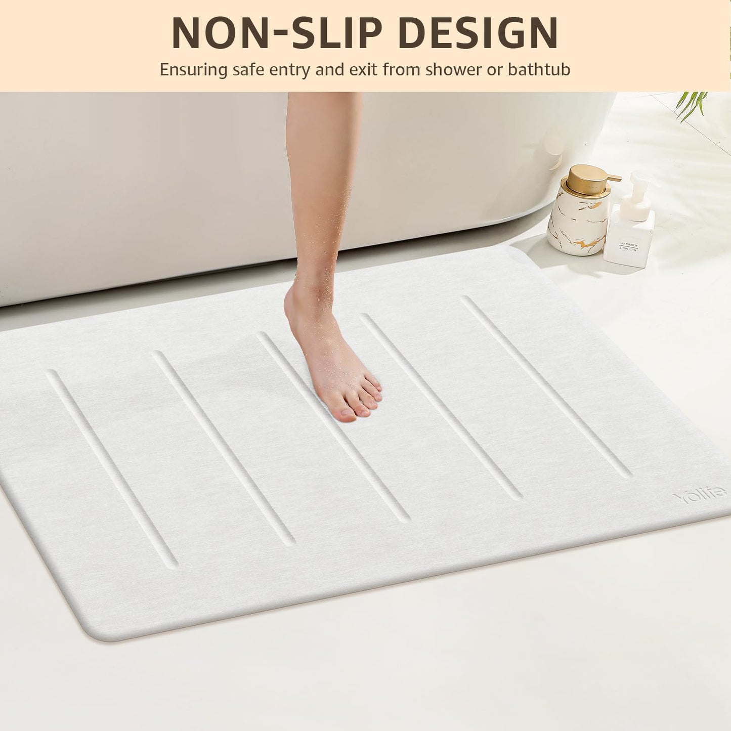 Yolife Stone Bath Mat Large, 32" x 20" Diatomaceous Earth Bath Mat for Bathroom, Super Absorbent Quick Drying Bathroom Stone Mat, Non-Slip Diatomite Shower Mat, Easy to Clean (White Grey)