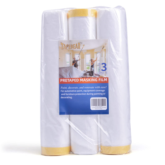 TAPEBEAR Pre-Taped Masking Film, Tape and Drape, Plastic Sheeting Roll, Automotive Painters Masking Tape Film, Plastic Sheeting Cover for Appliance and Furniture, 9feet X 90feet, 2600mmx 27m,3Rolls