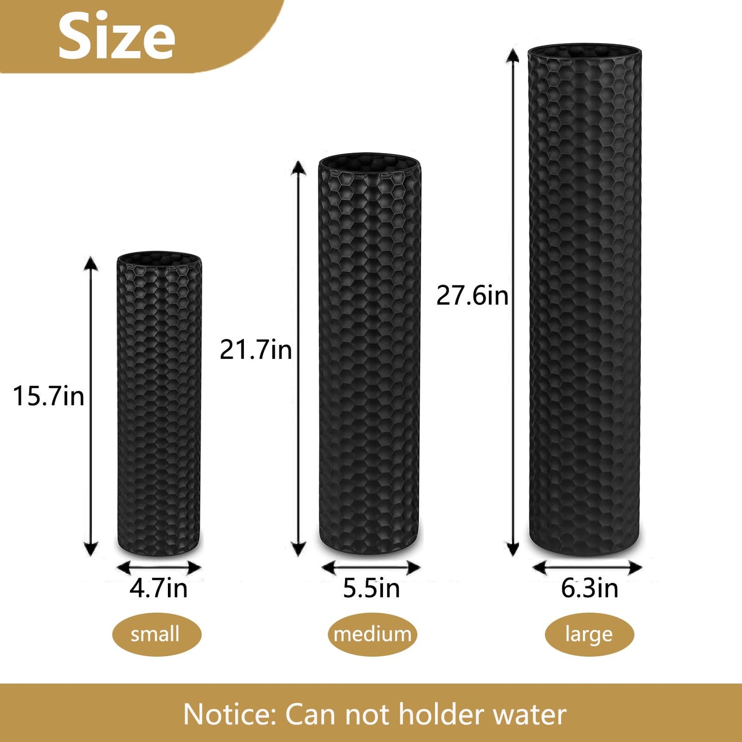 NOLIPED Black Tall Floor Vase - Set of 3 Extra Large Metal Decorative Vases for Living Room, 27.6" Long Modern Honeycomb Texture Big Cylinder Standing Corner Decor for Home Dining Bedroom Pampas Grass