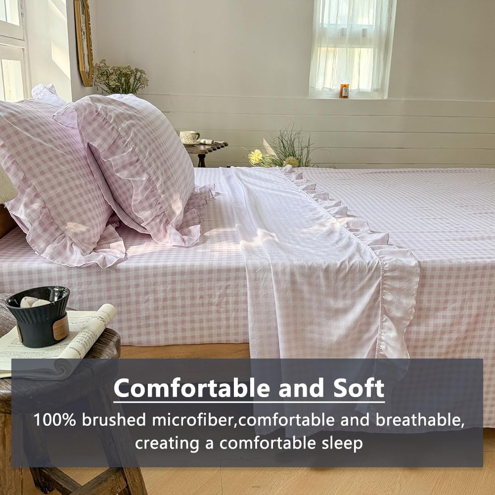 NSNLGSGC Pink Gingham Ruffle Queen Sheet Set, Pink Soft Pre-Washed Microfiber Plaid Queen Bed Sheets, 4-Pieces Farmhouse Sheet Set with Deep Pocket