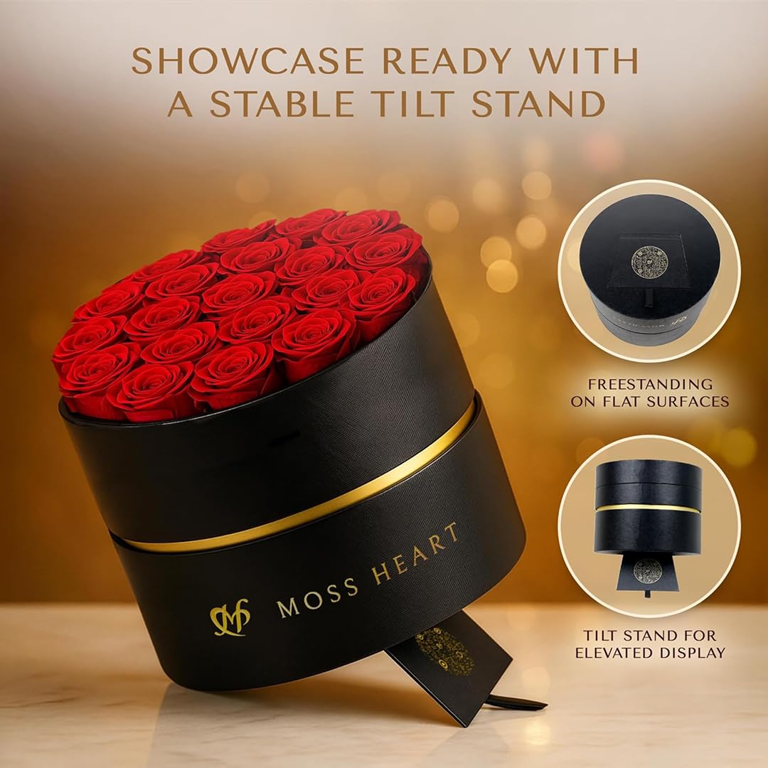 Moss Heart 20 Mini Preserved Roses, Round Luxury Gift Box, Real Forever Roses Last 1+ Year, Premium Romantic Gift for Women, Wife, Girlfriend, Mother’s Day, Birthday, Anniversary, Valentine’s Day