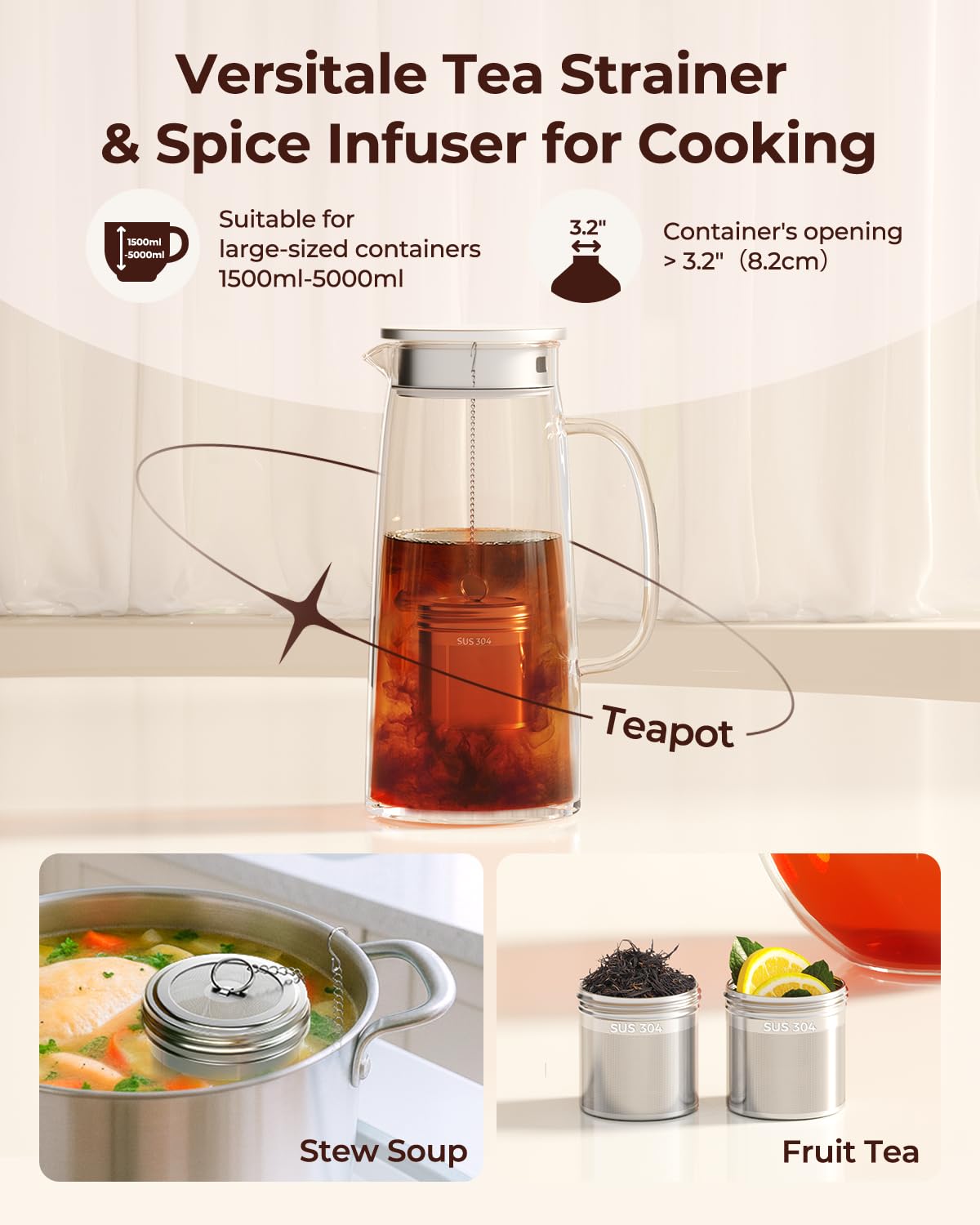 Reinmoson 2 Pack Large Tea Ball Infuser for Loose Leaf Tea & Spice Ball for Cooking Soup, 304 Stainless Steel, Threaded Lid, Chain Hook, Extra Fine Mesh Tea Strainer Ball for Herb, Iced Tea