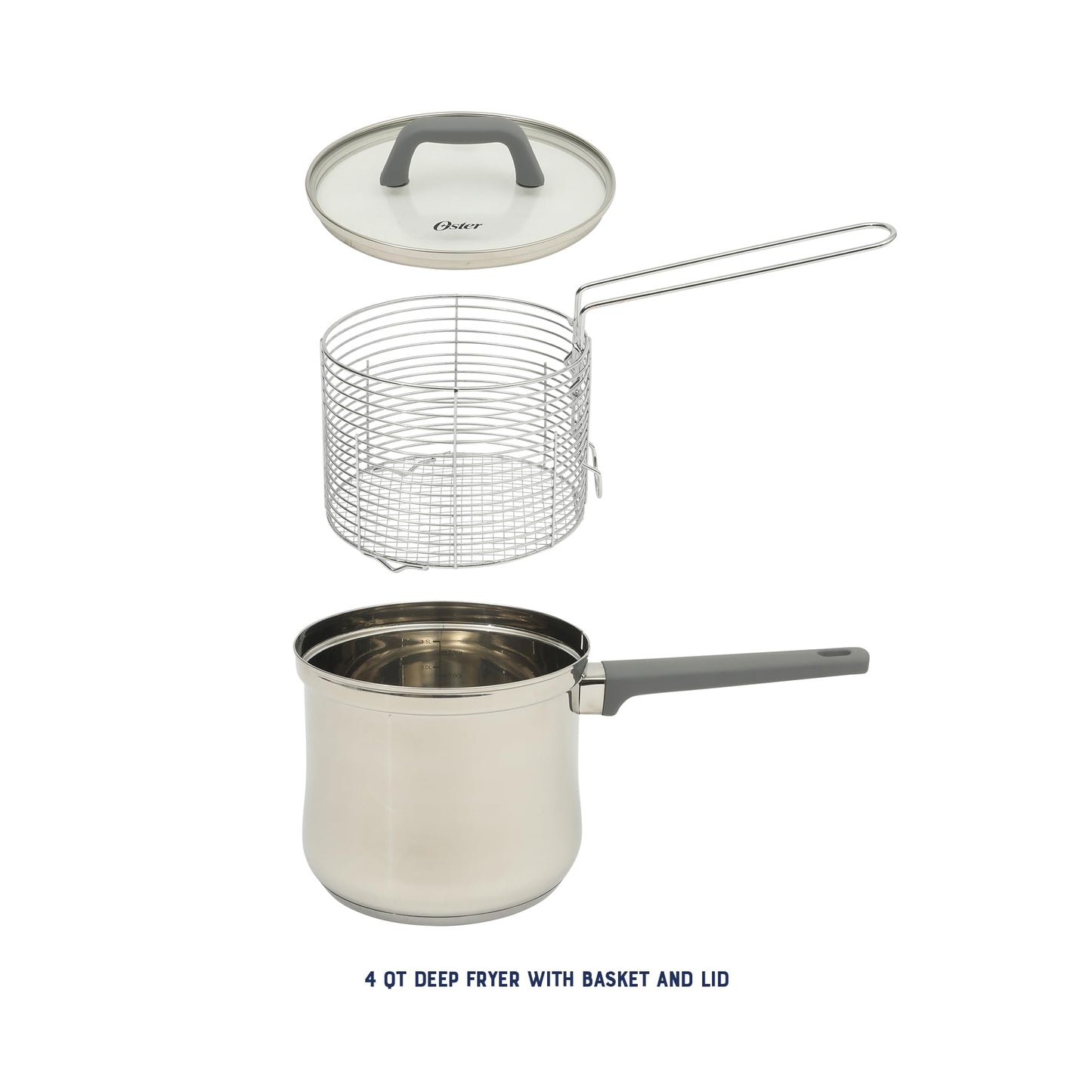 Oster Beauford 3.65-Quart Stainless Steel Deep Fryer Pot with Basket & Glass Lid – Induction, Oven & Dishwasher Safe, 5-Ply Encapsulated Base, Soft-Touch Handle