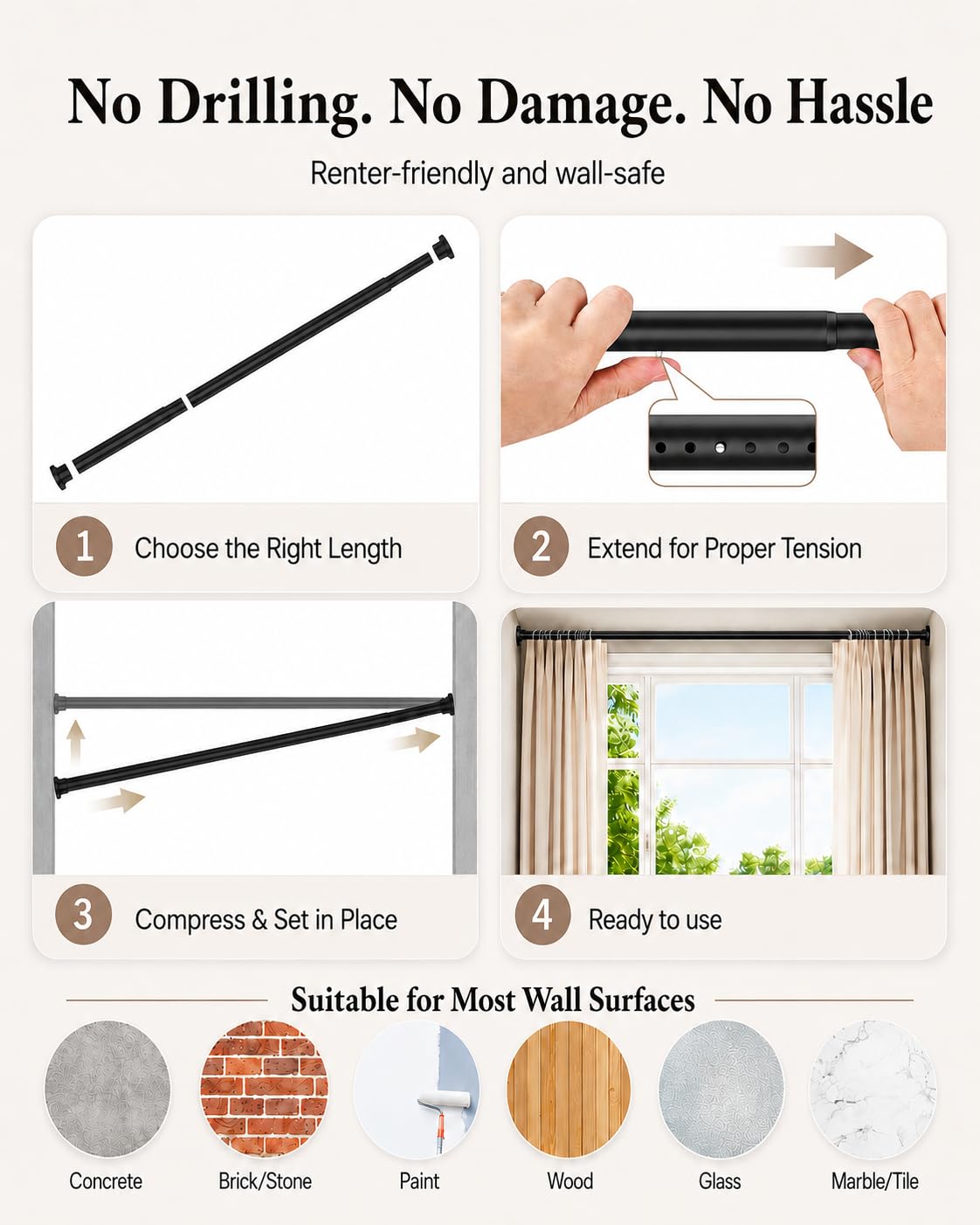 ALLZONE Tension Curtain Rods for Windows 66 to 120 Inches, Black Curtain Rods No Drilling, Heavy Duty Extra Long Tension Rod for Curtains, Outdoor Curtains Rod for Patio, Bedroom