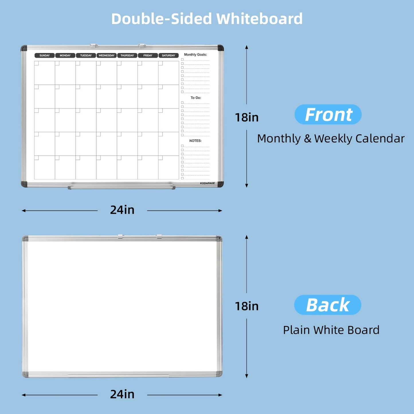 KODAPAGE Whiteboard Dry Erase Calendar for wall, Weekly & Monthly Planner Dry Erase Board 24" X 18" Double-Sided for Office, Home and School