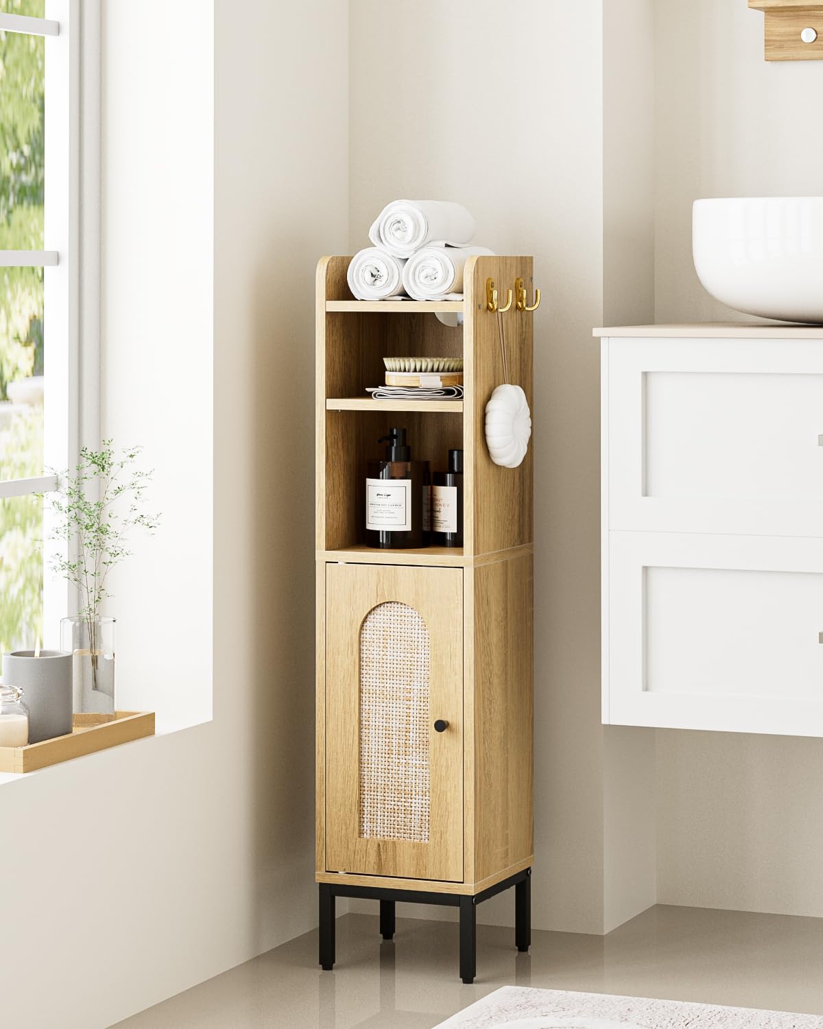 AEPOALUA Bathroom Storage Cabinet, Small Corner Floor Hutch with 2Hooks,Narrow Toilet Paper Cabinet with Rattan Door,Bathroom Organizer with Adjustable Shelf, for Small Spaces,Oak