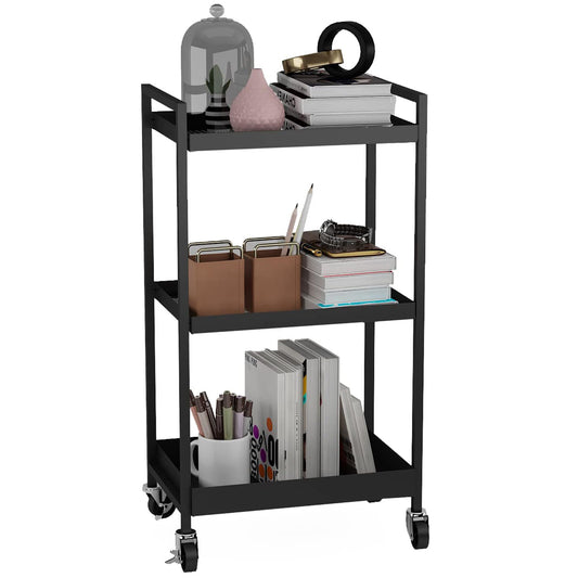 3-Tier Metal Cart with Wheels, Three Tier Rolling Cart,Utility Cart on Wheels Suitable for Office, Bathroom, Kitchen - Black (12.1" D x 17.7" W x 31.2" H