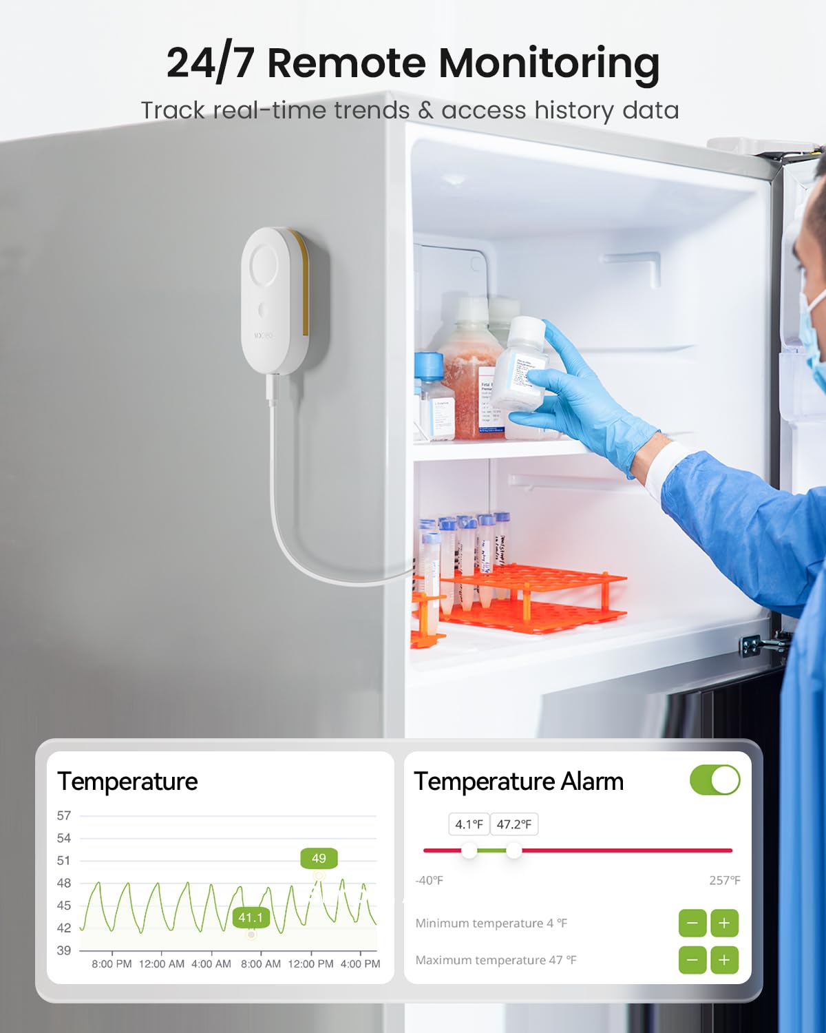 MOCREO WiFi Refrigerator Thermometer, Remote Email & App Alert, 2 Years Data Export, 1 Smart Temperature Sensor Frezzer Alarm with Digital Monitor Hub for Home, Kitchen, Fridge