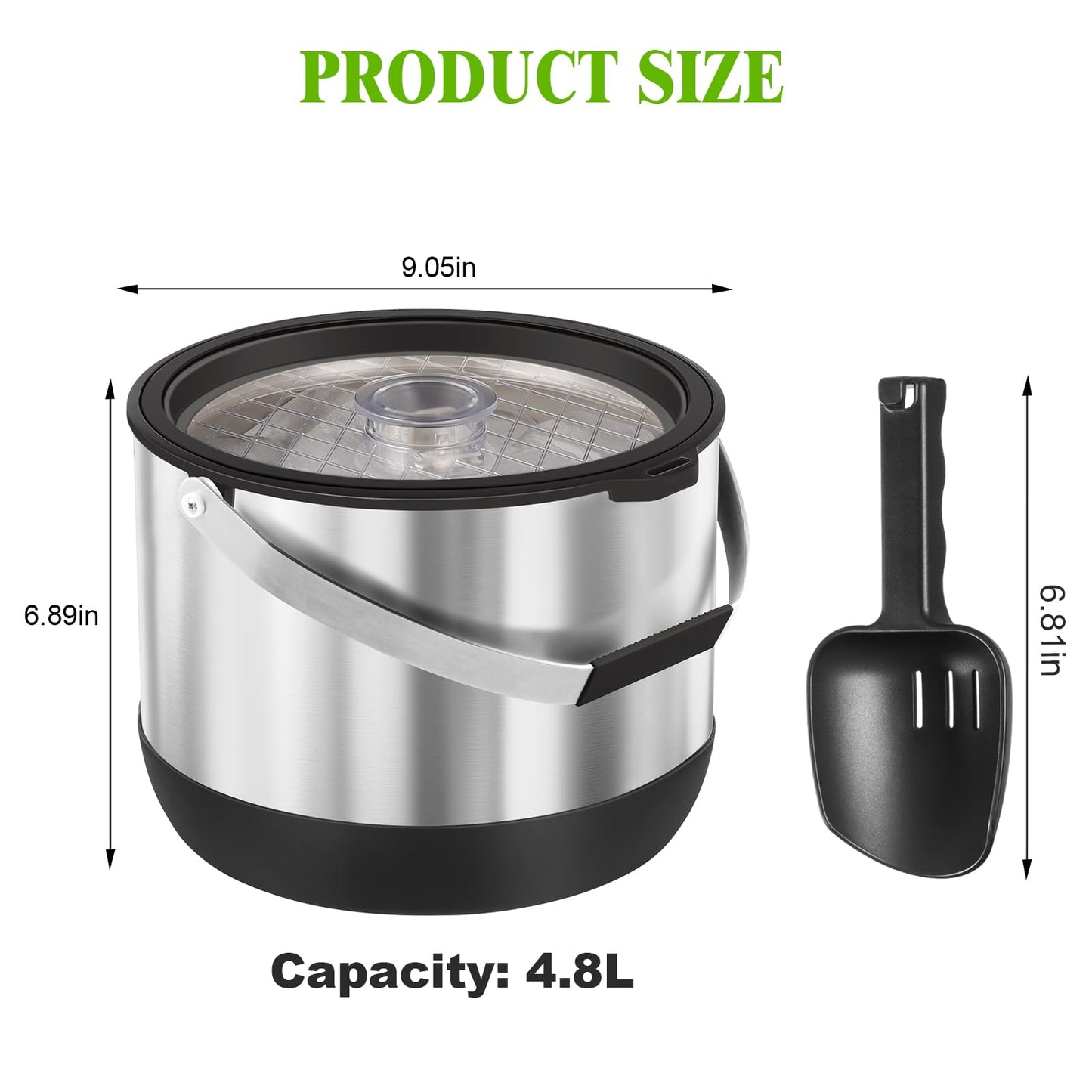 FiveHome 5QT/4.8L Insulated Ice Bucket for Parties, Large Capacity Double-Wall Beverage Bucket with Scoop & Lid for Champagne, Wine, Cocktail (Black)