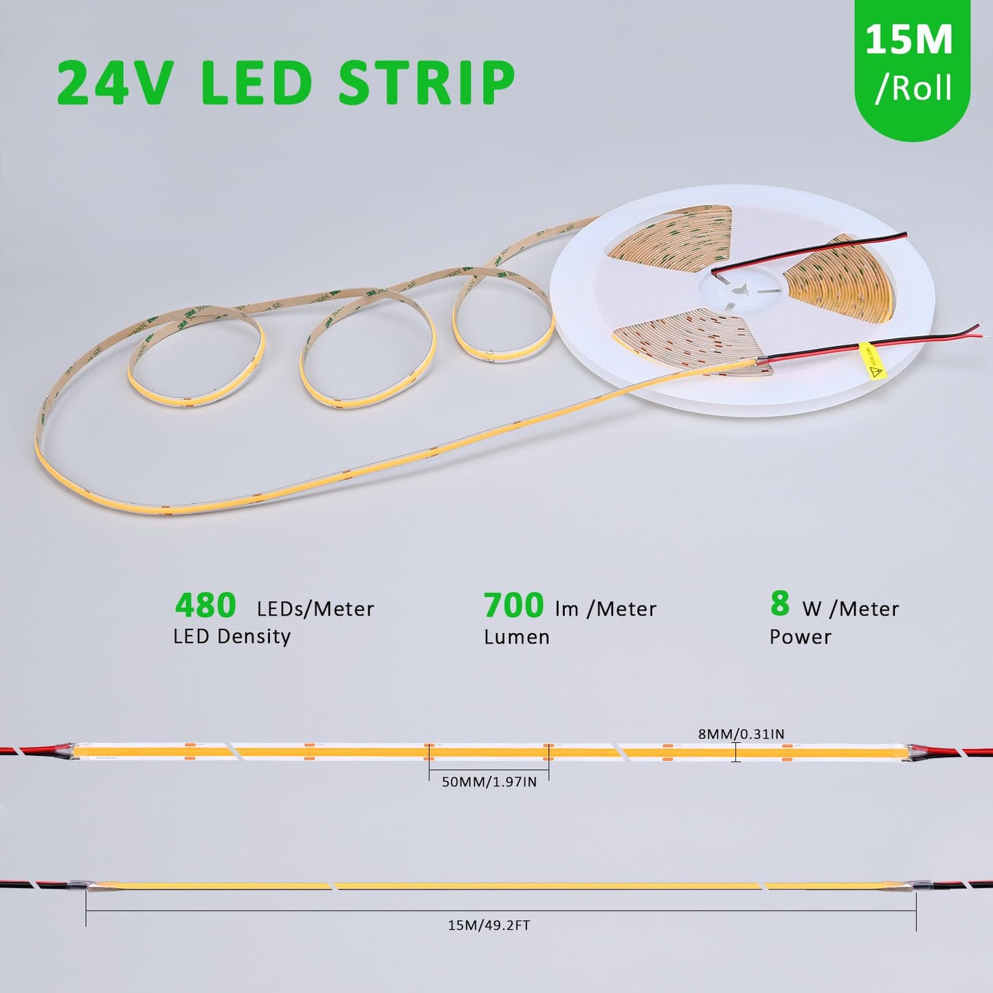 JOYLIT 49.2FT/15M COB LED Strip Lights 24V 3000K Warm White Indoor, 480LEDs/M High Density Spotless CRI 90+ Dimmable Flexible Tape Light for Bedroom, Cabinets, Retail (Power Supply Not Included)