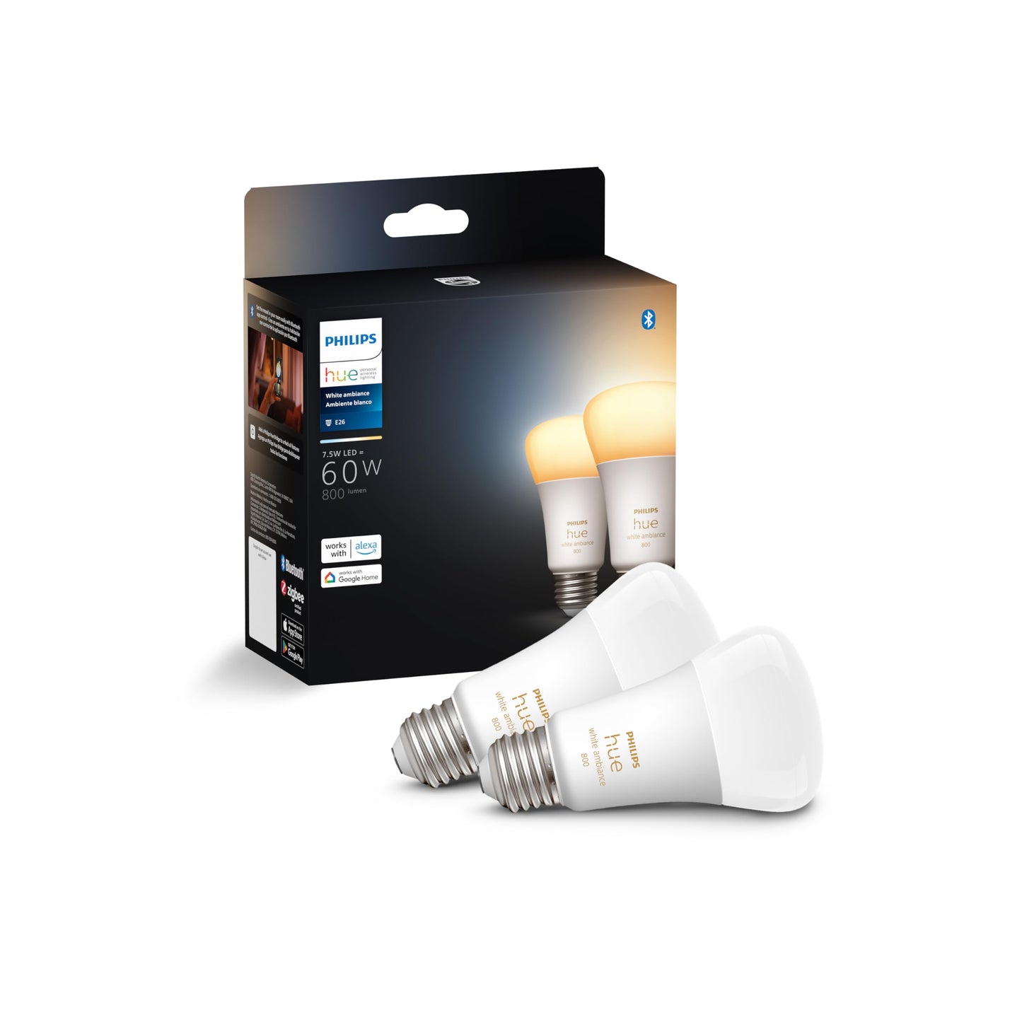 Philips Hue Smart 60W A19 LED Bulb - White Ambiance Warm-to-Cool White Light - 2 Pack - 800LM - E26 - Indoor - Control with Hue App - Works with Alexa, Google Assistant and Apple Homekit