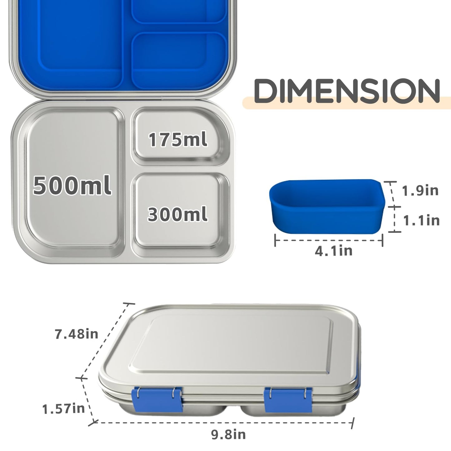 BOSEDSANG Stainless Steel Kids Leak-Resistant Bento Lunch Box, 3-Compartments with Silicone Container, Dishwasher-Safe, Child-Friendly Design for School, Picnics & Travel,BPA-Free (Blue)