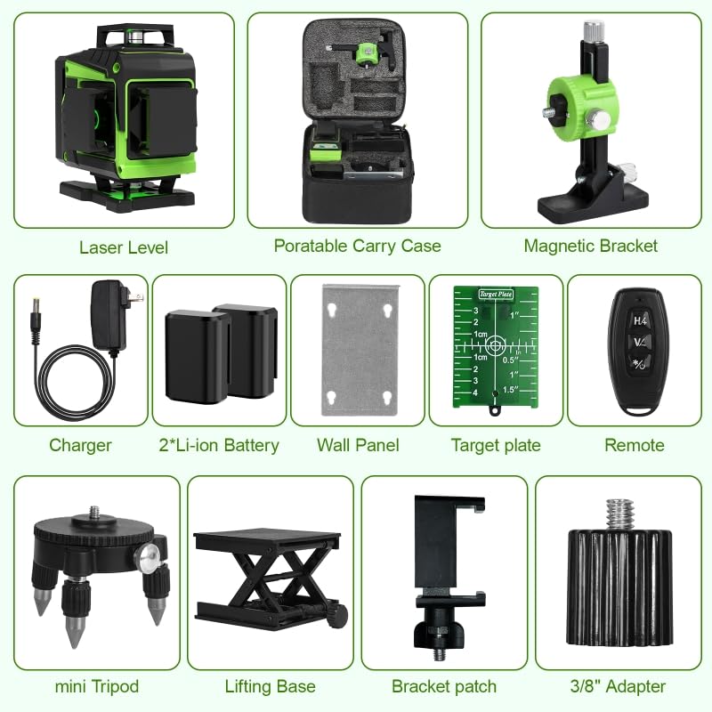 16 Line Laser Level 360 Self Leveling,Professional 4x360°Green Cross Line laser Level Tool for Construction and Picture Hanging,lazer leveler tool with 2 Batteries,Magnetic Bracket & Remote Control