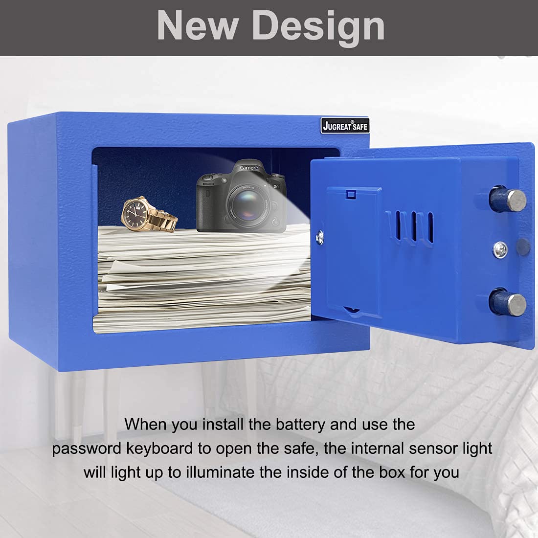 JUGREAT Safe Box with Sensor Light,Electronic Digital Security Safe Steel Construction Hidden with Lock，Wall or Cabinet Anchoring Design for Home Office Hotel Business 0.23 Cubic Feet Blue
