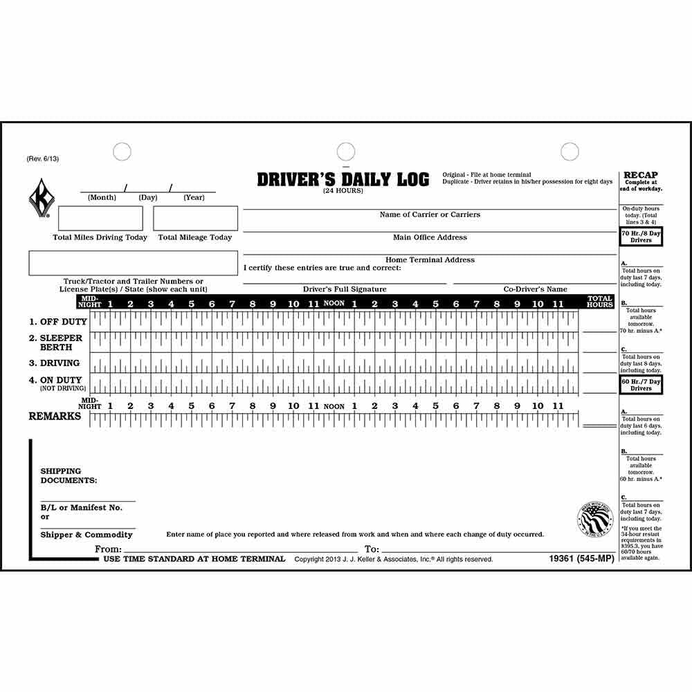 Driver Daily Log 5-pk. with 7- and 8-Day Recap - Shrinkwrapped Loose-Leaf Format, 2-Ply Carbonless, 8.5" x 6.5", 31 Sets of Forms Per Unit, J. J. Keller & Associates, Inc.