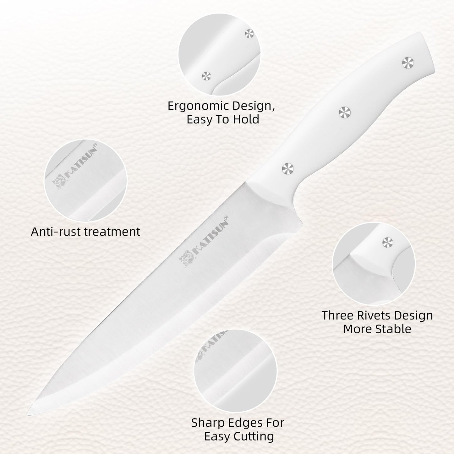 KATISUN 15-Piece White Kitchen Knife Set with Built-in Sharpening Stone, Ergonomic Triple Rivet Fixed Handles, Dishwasher Safe