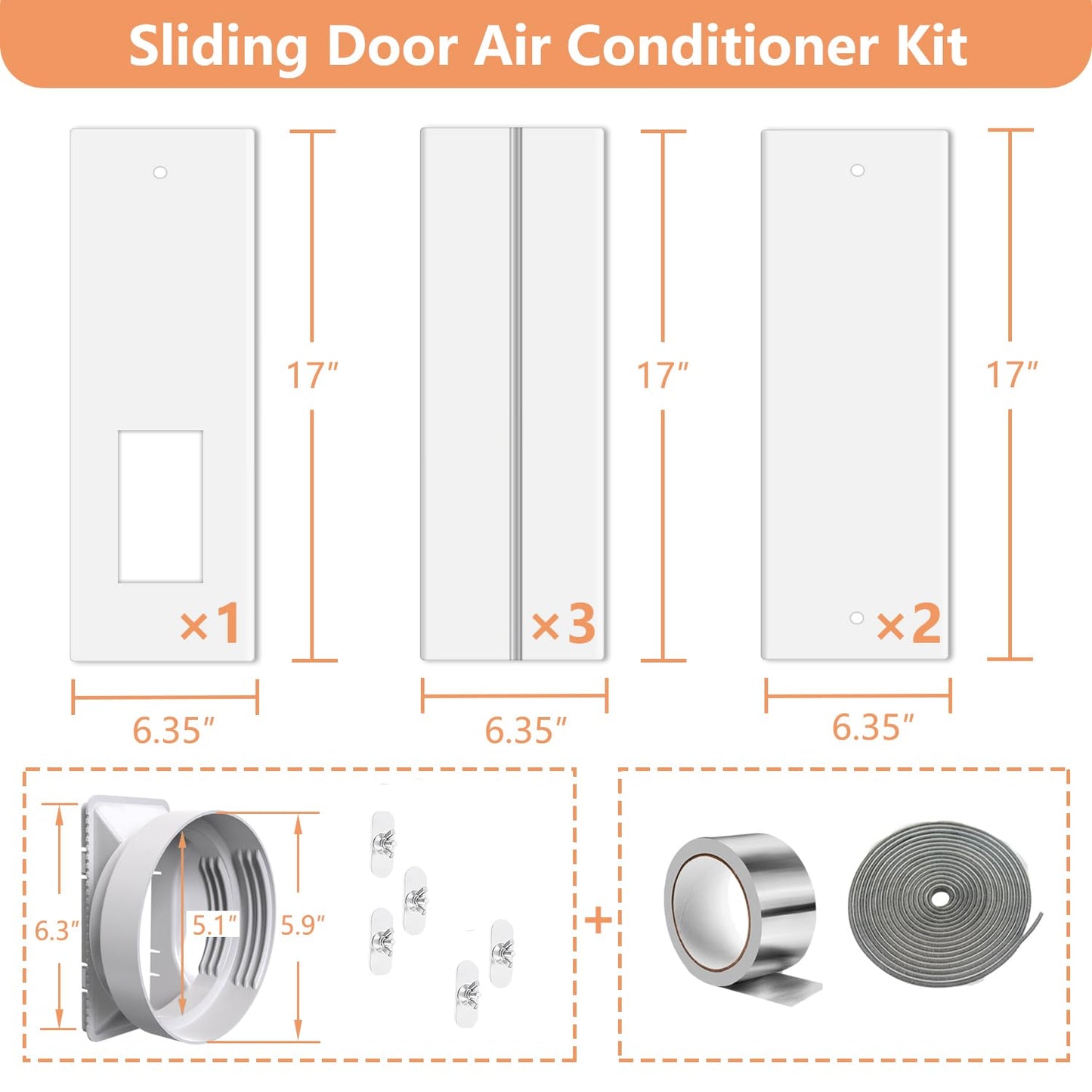 Gulrear Max 95"Sliding Door Air Conditioner Vent Kit with Screen net & 2 weather strippings Energy Saving Airtight Universal 5.0/5.9 Inch AC Hose Coupler Portable AC Balcony Door Plates kit