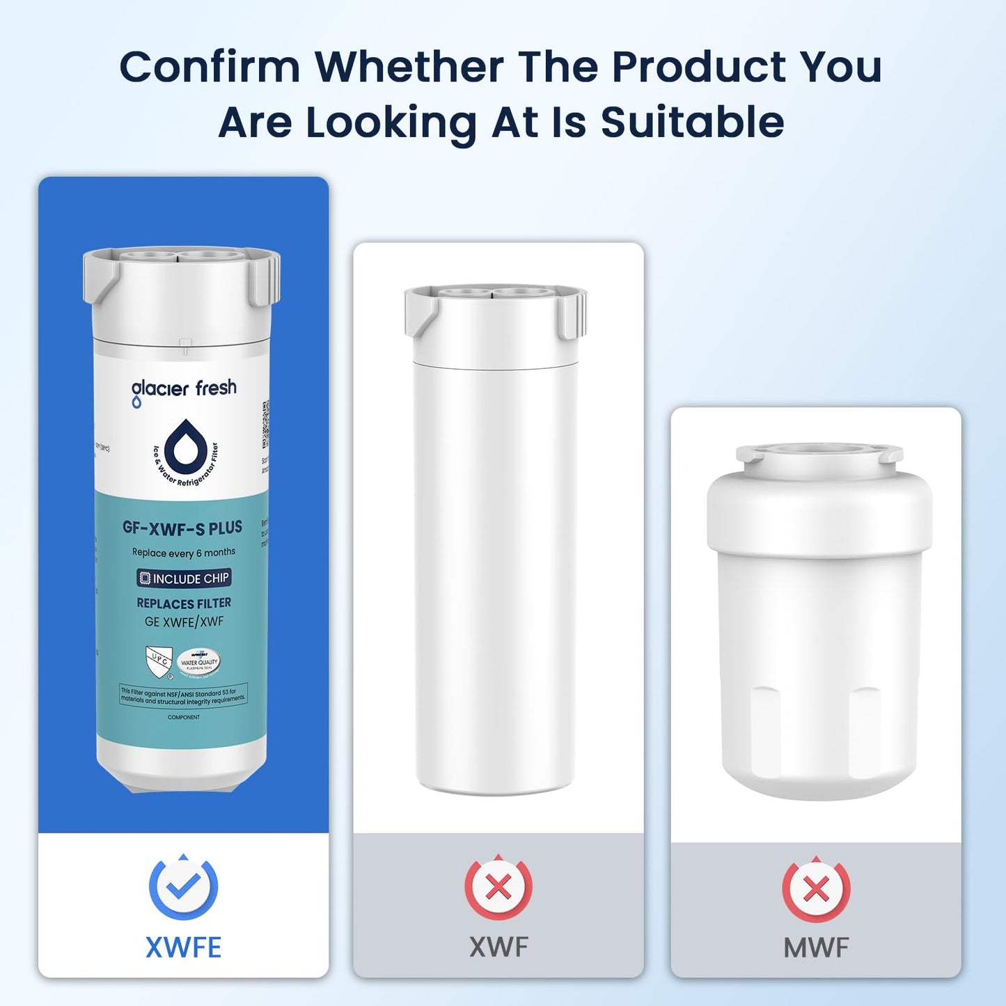 GLACIER FRESH Water Filter Compatible with XWFE (Built-in CHIP), Replacement for GE XWFE, XWF Refrigerator Water Filter NSF/ANSI 53 Certification Pack of 1