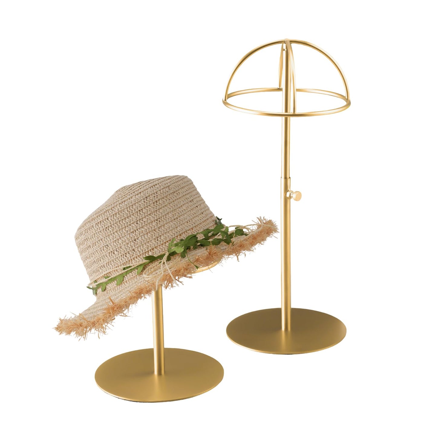 MCKECHSION Hat Display Stand 2PCS Stainless Steel Brushed Nickel Titanium Hat Stand Metal Golden Adjustable Height Cap Rack Showcase Fingerprint Resistant for Home Boutique Retail Store