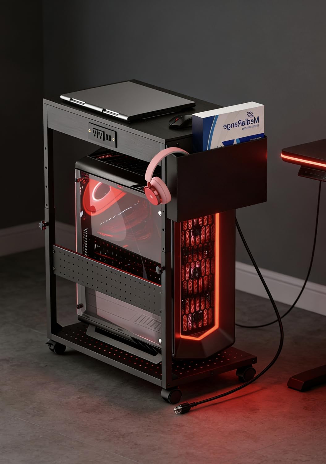 Adjustable Computer Tower Stand with Charge Station,Heavy-Duty Rolling PC Stand, CPU Tower Cart with Wheels for ATX Gaming Computer,Under Desk Holder,Black