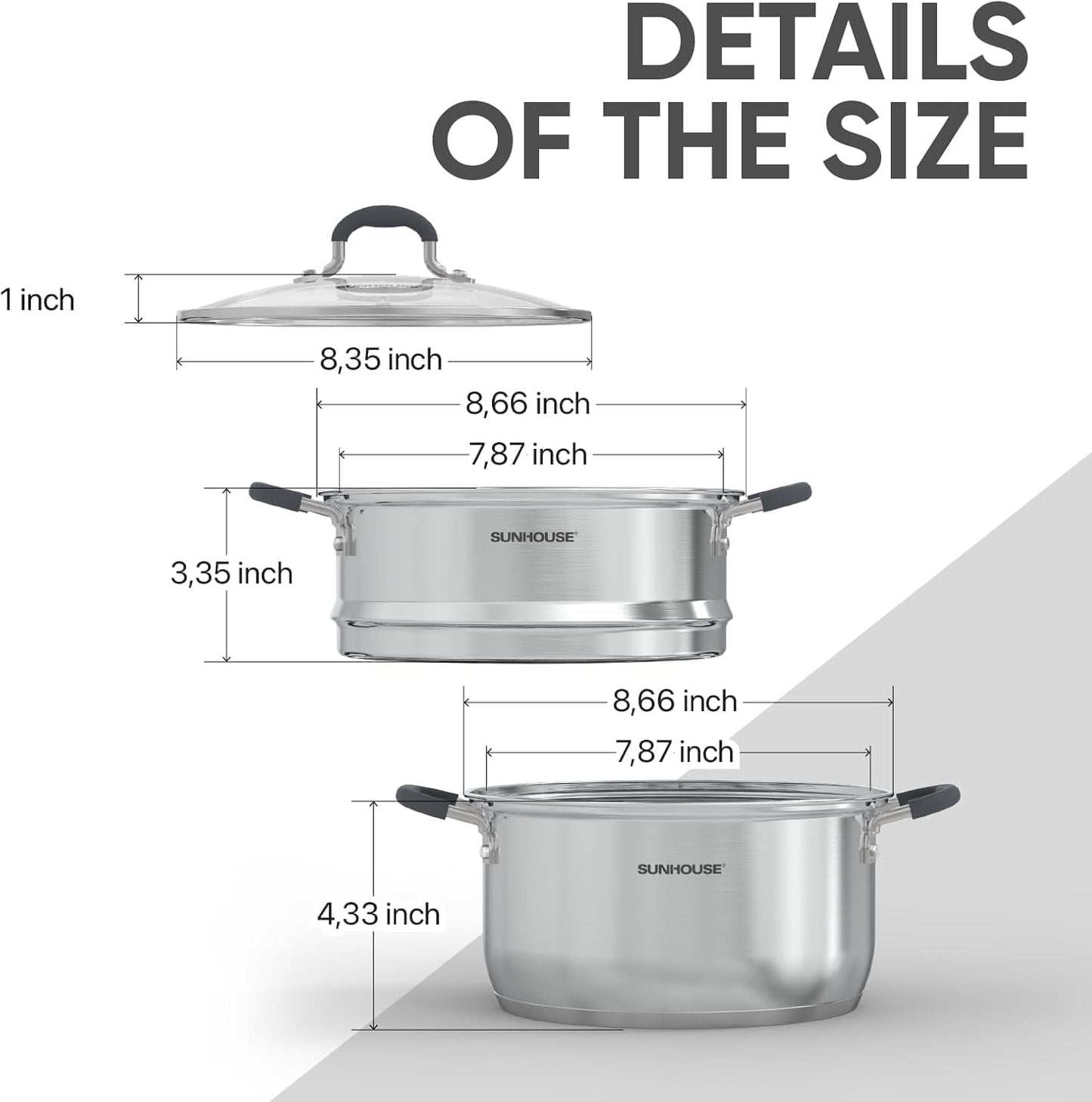 SUNHOUSE Stainless Steel Steamer Pot for Cooking - 3.1 QT Steaming Pot with Glass Lid & Steamer Basket - 2 Tier Tri-ply Vegetable Steamer with Stay-Cool Silicone Handles - Induction Compatible