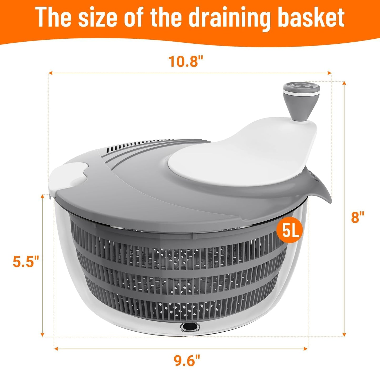 HomeHacks Salad Spinner Large Lettuce Spinner, Large Fruit Cleaner with Double Drainage Holes, 5 Chopping Blades, High Efficiency for Kitchen Washing & Drying Leafy Vegetables, Easy Press (Grey)