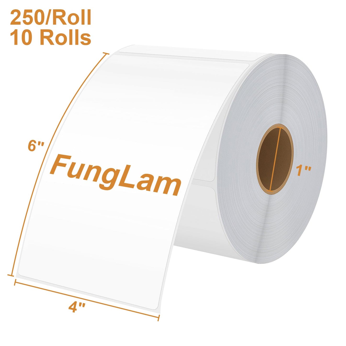 FungLam 10 Rolls 4"x6" Direct Thermal Printer Label, Shipping Labels Compatible with Zebra, Rollo and Most Thermal Printer, Perforated Postage Label Paper, 250 Labels/Roll