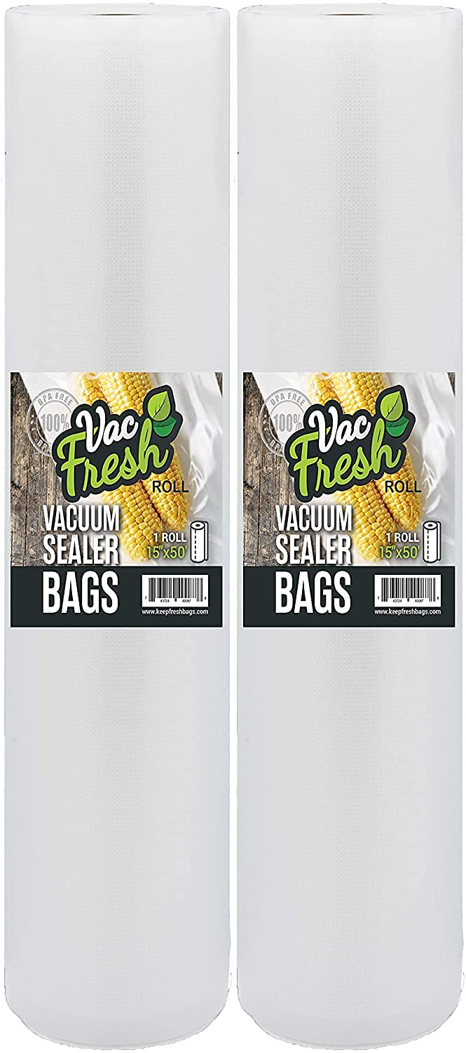 Vac Fresh 15x50 Vacuum Sealer Rolls, Large Vacuum Seal Bags 3.5 mil Thick, 15 inches Wide x 50 Feet Long, Vacuum Seal Bags Roll for Food Storing, Meal Prep, Sous Vide Cooking, Bulk Storage, 2 Rolls