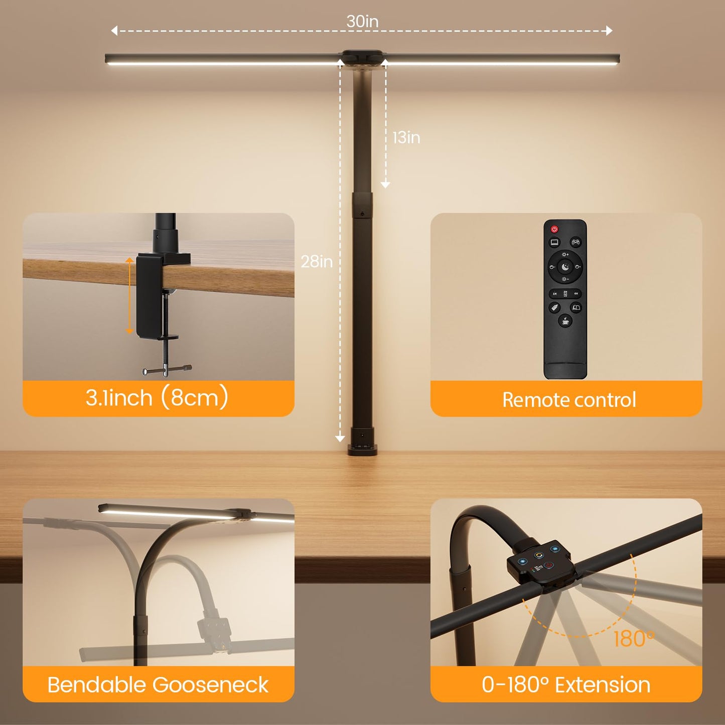 APMIEK LED Desk Lamp for Home Office, 24W Computer Desk Light with Remote Control, Bright Table Lamp with Clamp Dimmable Tall Desktop Lighting with Bendable Gooseneck, Double Head, Black