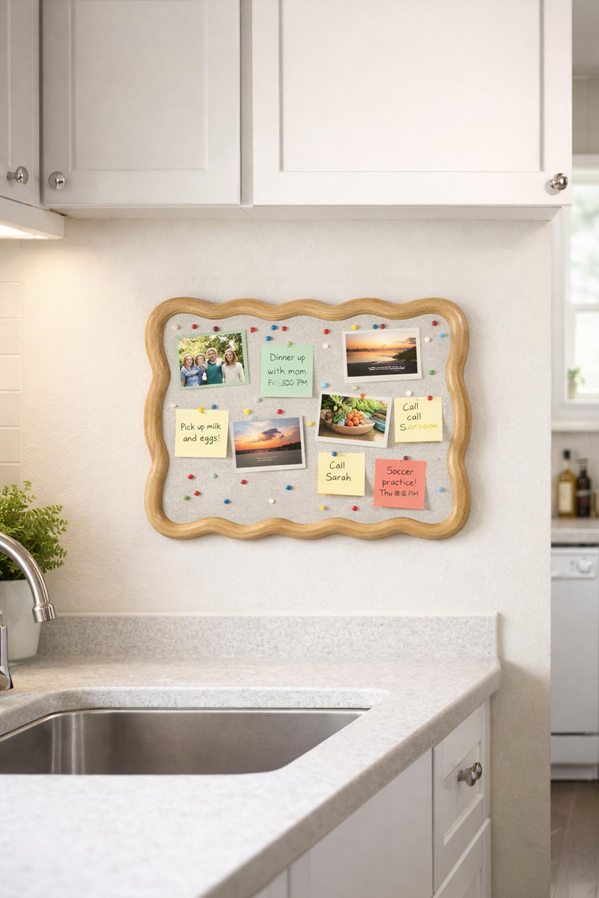 YINGXUN Wavy Linen Cork Memo Board, 17.7" x 23.6", Wood Frame, Decorative Pin Display Bulletin Boards for Walls, Home Office Kitchen (Natural)