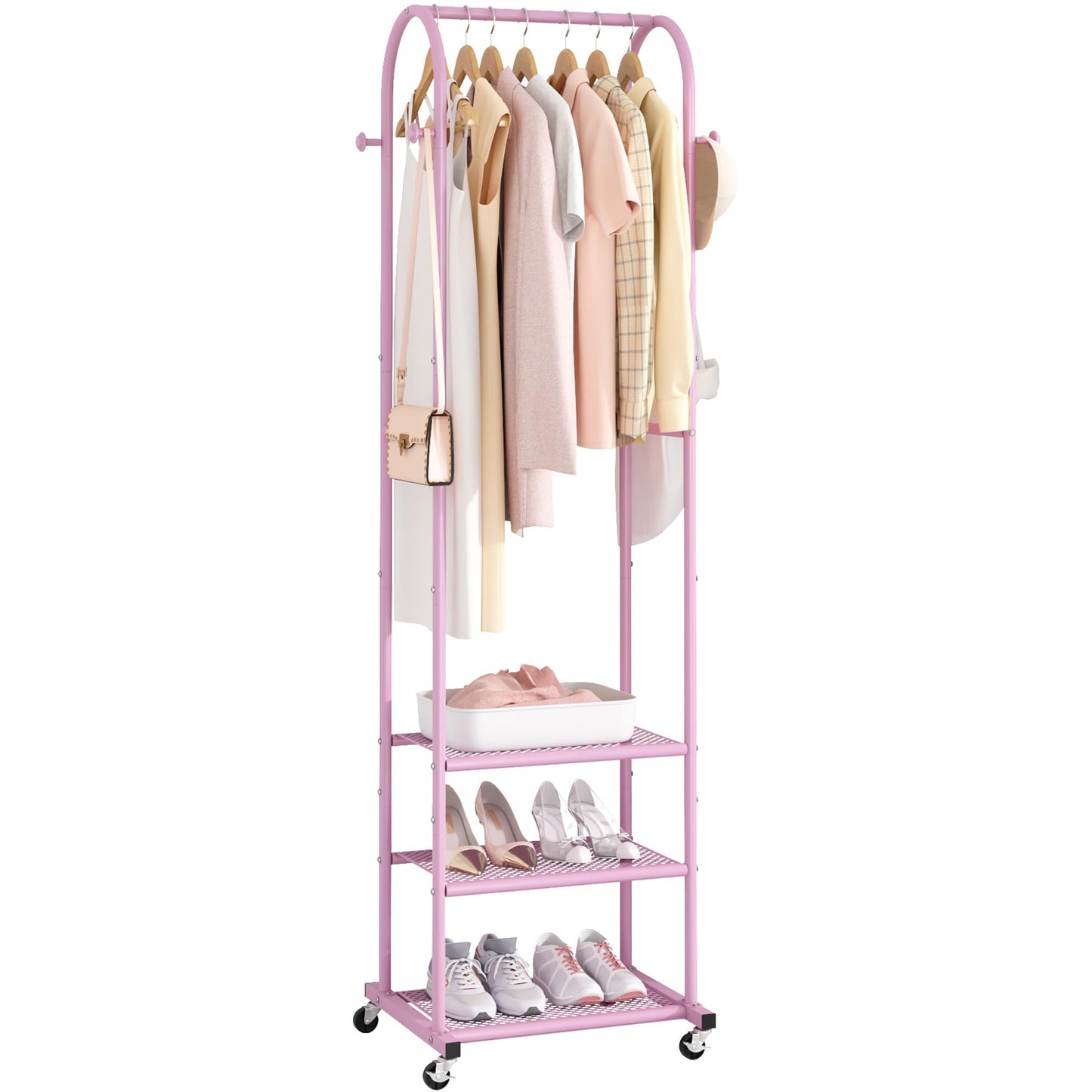 Kaitiemoo Heavy Duty Clothing Rack with Wheels,Modern Garment Rack with 3 Metal Shelves, 71.8Inches Display Rack for Hanging Clothes, Hanging Rod for Small Space,Pink