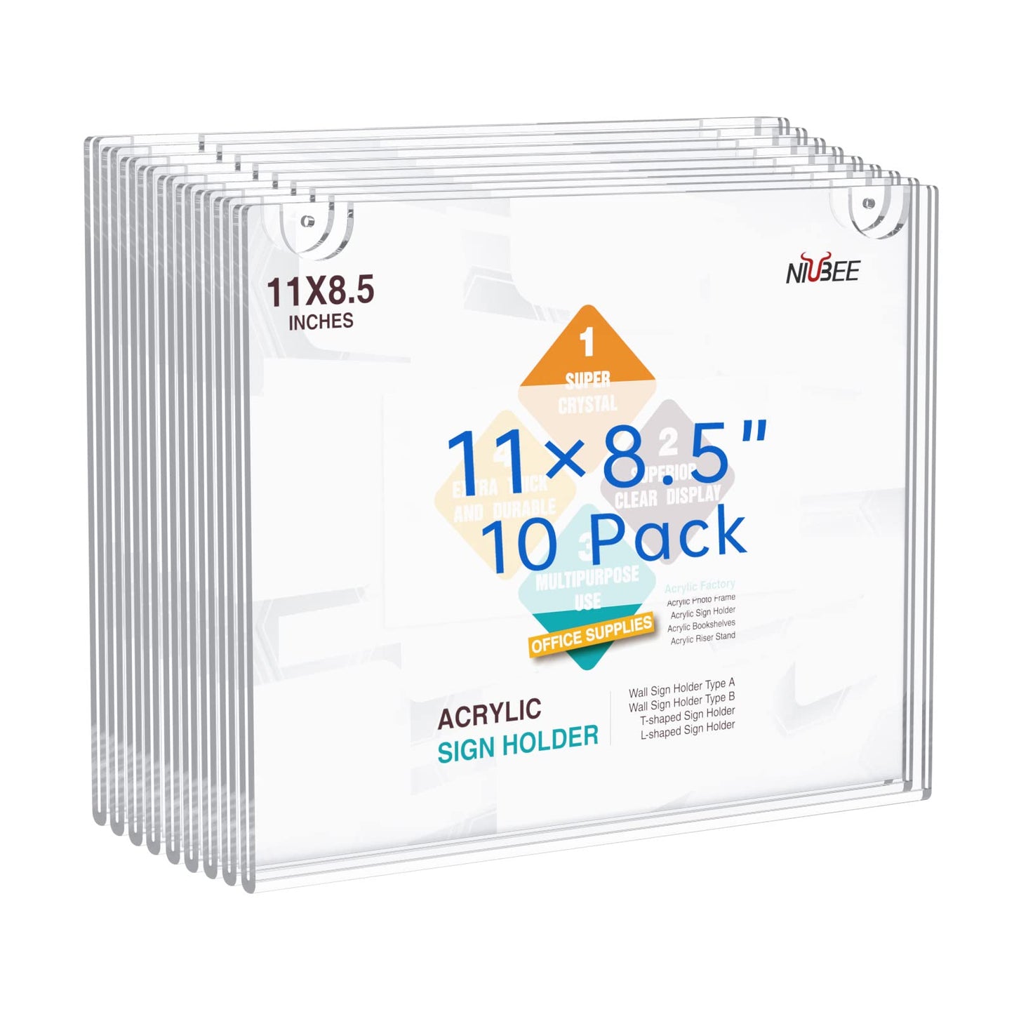 NIUBEE 10-Packs 8.5x11 Sign Holder Horizontal for Wall Door, Clear Acrylic Picture Frame for Paper with Free 3M Tape and Mounting Screws