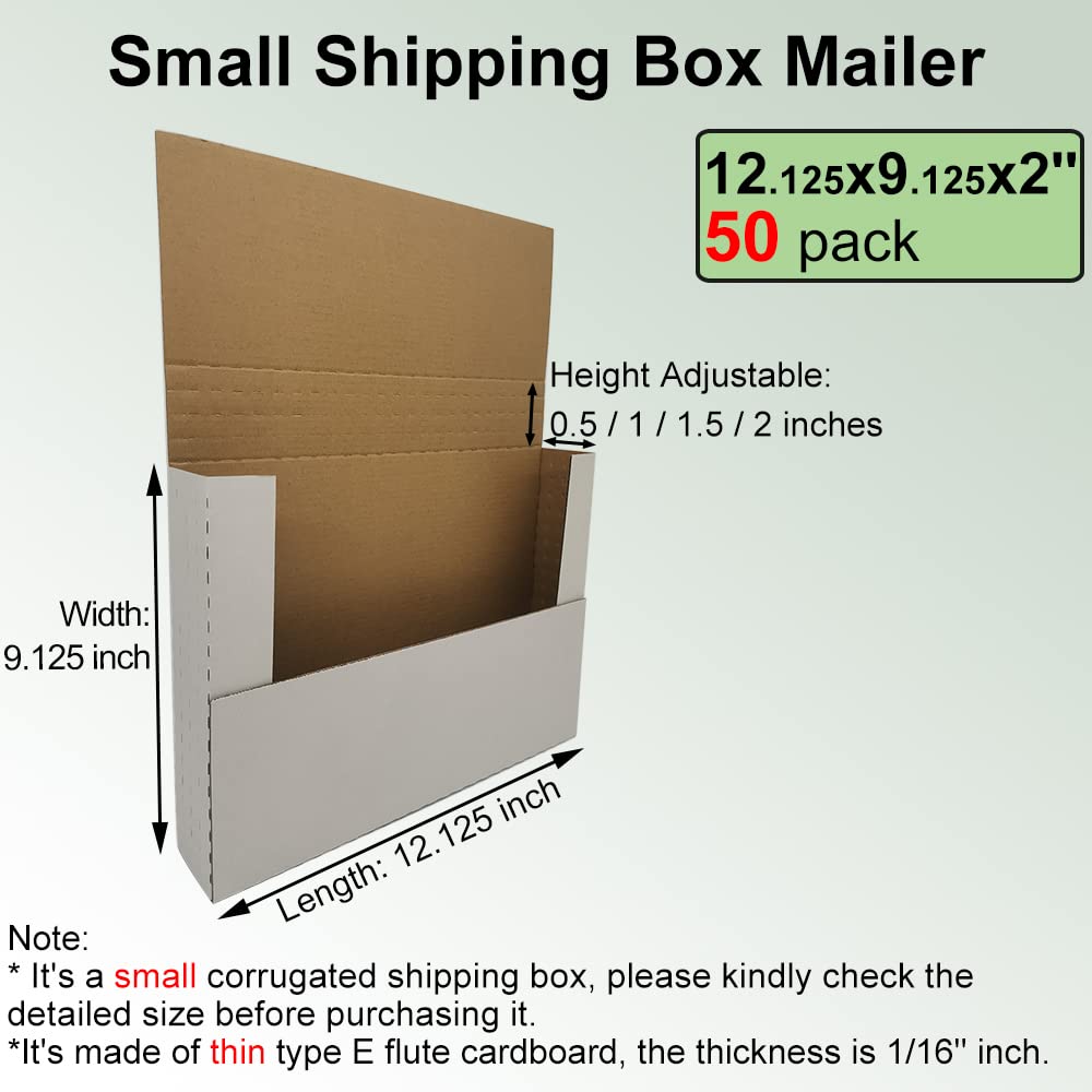 Rnisda 50 Pack 12.125x9.125x2'' Easy-Fold Corrugated Mailers, Height adjustable Small Shipping boxes for Packaging Mailing books, white (W1292E50)