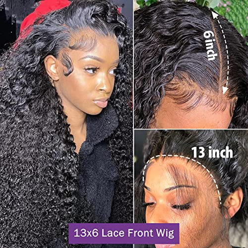 13x6 Deep Wave Lace Front Wigs Human Hair Curly Hd Transparent Lace Frontal Wig for Women Wet and Wavy Glueless Wigs Pre Plucked with Baby Hair Brazilian Hair 180% Density Natural Black 22 Inch
